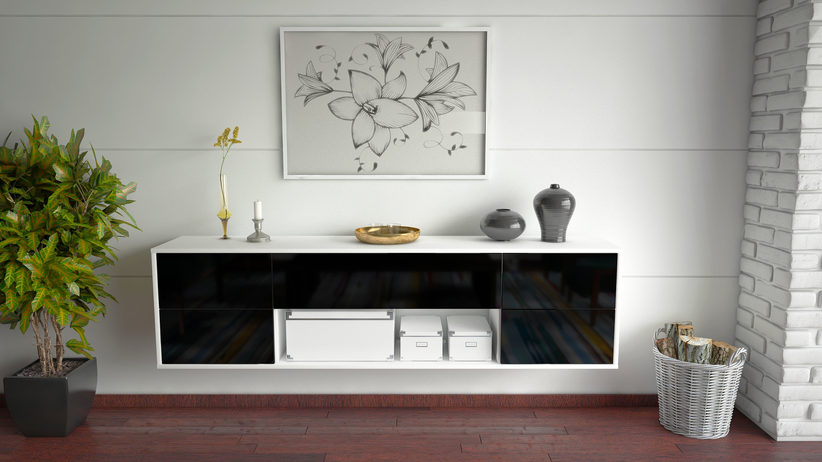 Lowboard - Babetta - Design Hochglanz - Wandmontage mit Push to Open 180 cm Weiss