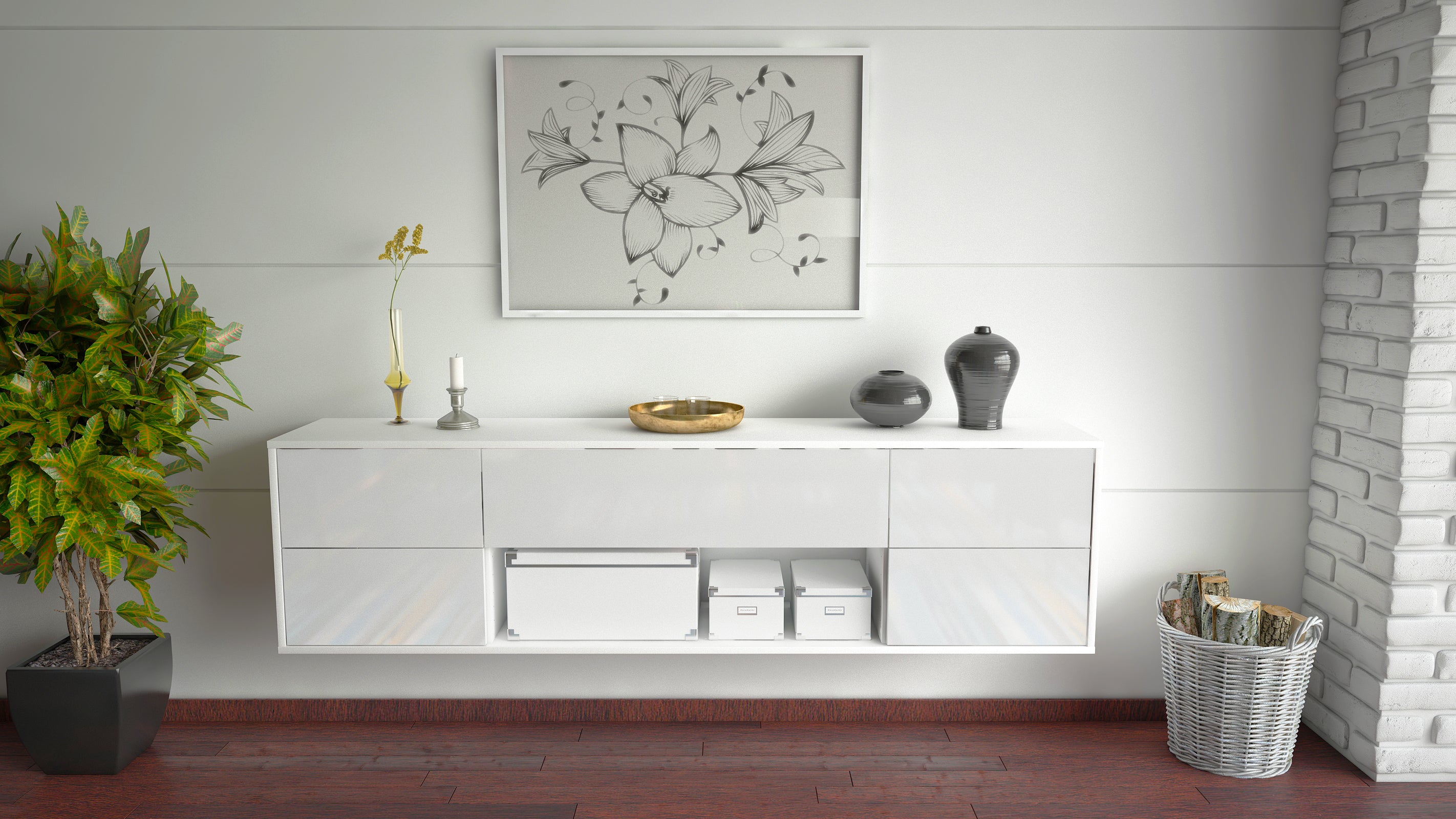 Lowboard - Babetta - Design Hochglanz - Wandmontage mit Push to Open 180 cm Weiss