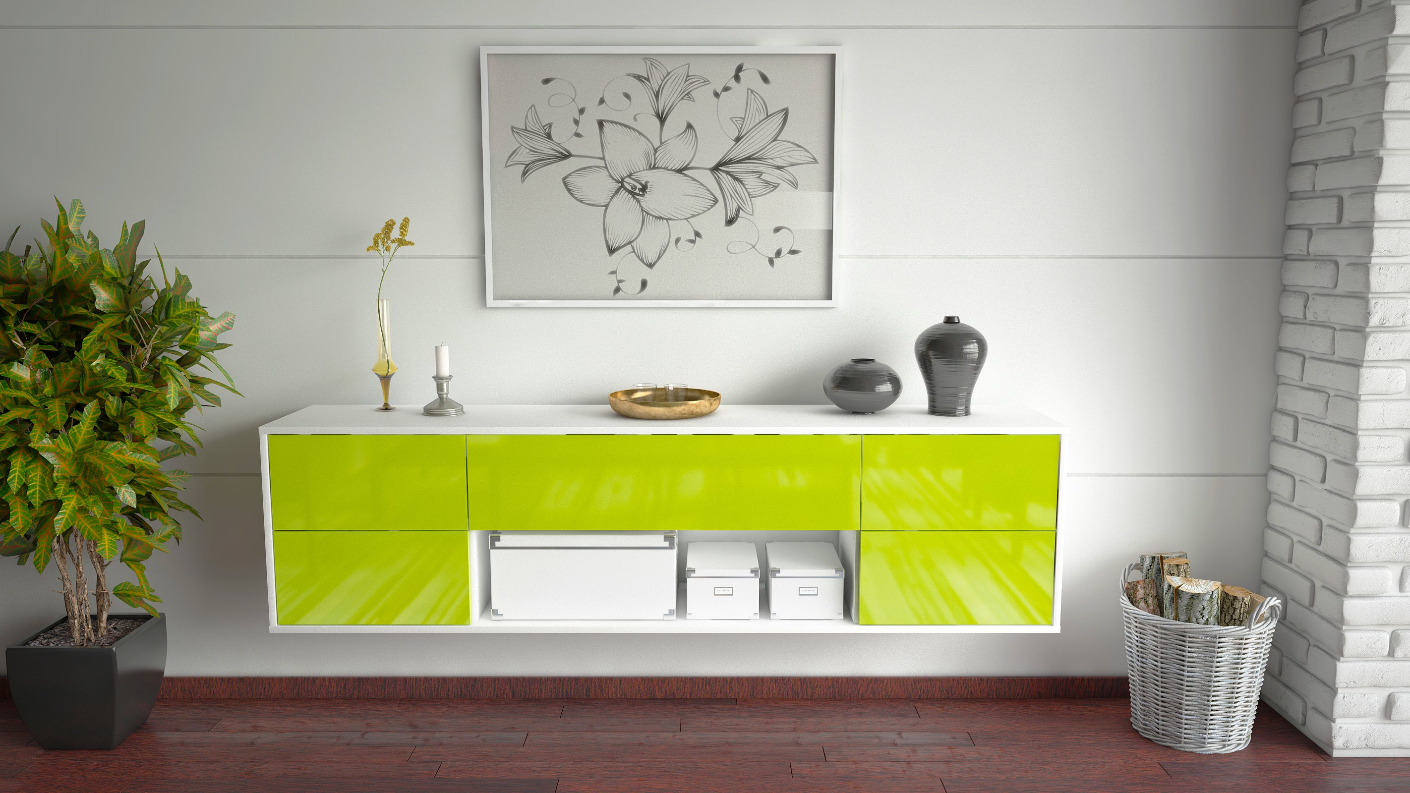 Lowboard - Babetta - Design Hochglanz - Wandmontage mit Push to Open 180 cm Weiss