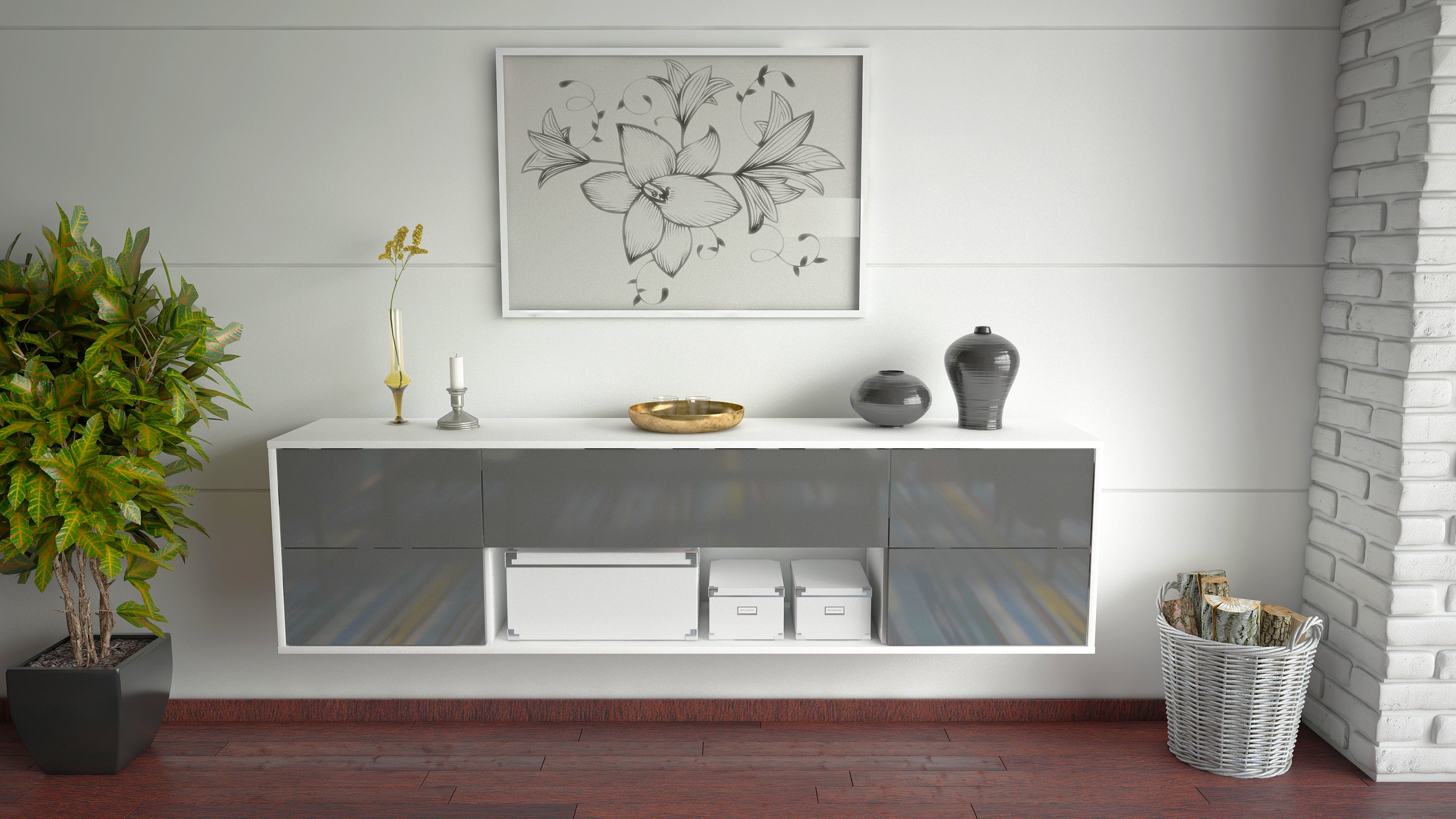 Lowboard - Babetta - Design Hochglanz - Wandmontage mit Push to Open 180 cm Weiss