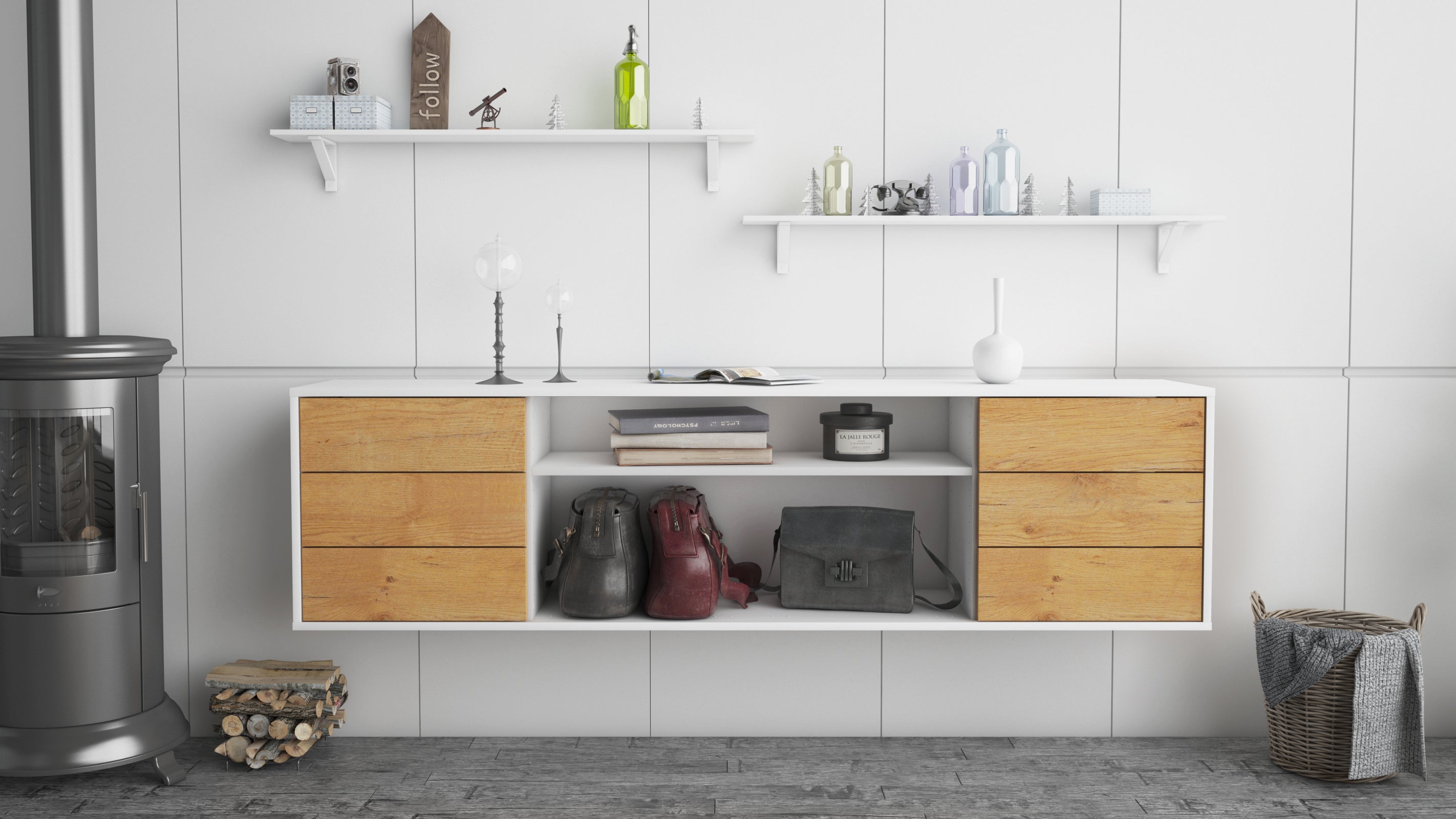 Lowboard - Belinda - Design Holzdekor - Wandmontage mit Push to Open 180 cm Weiss