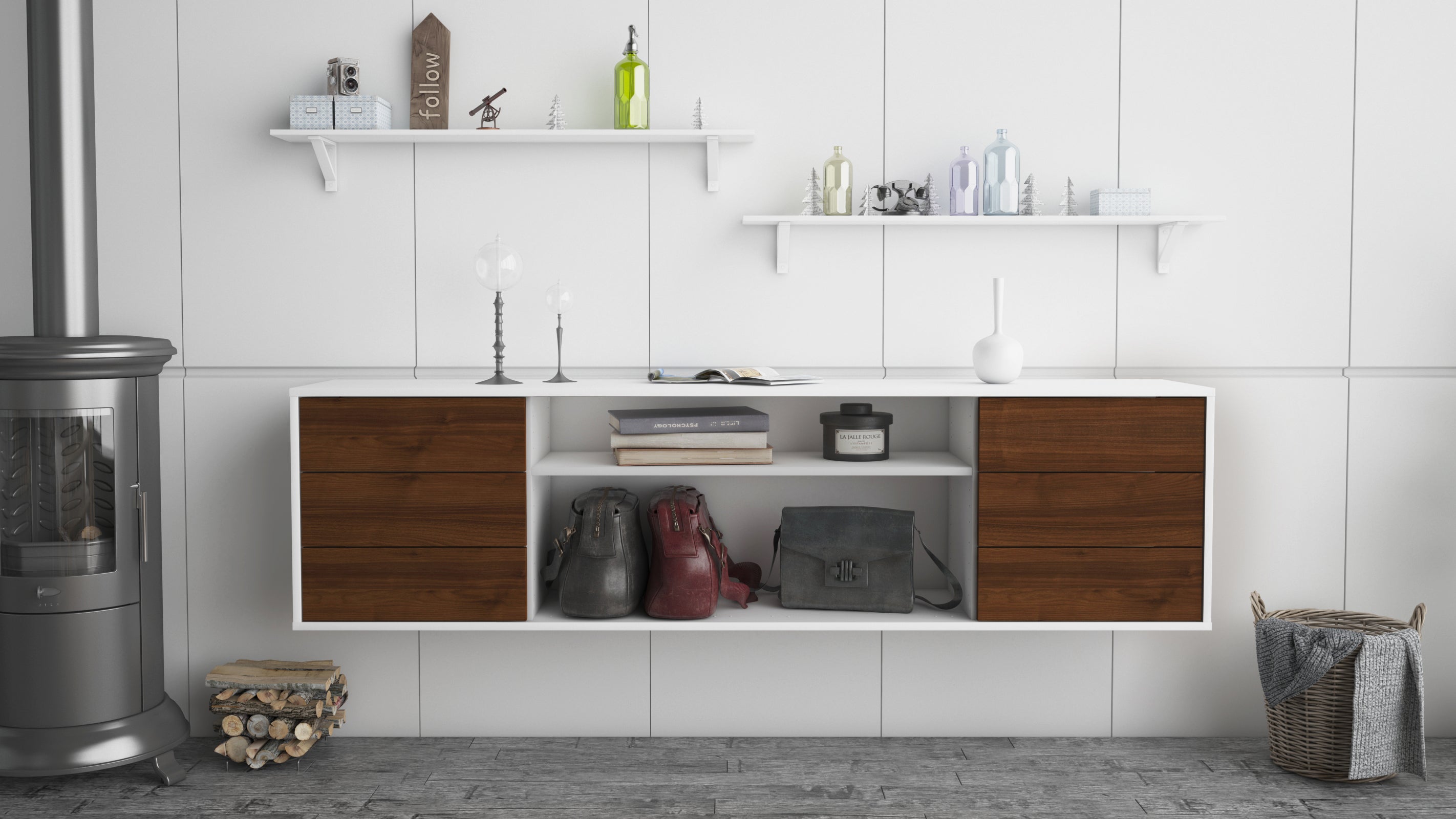 Lowboard - Belinda - Design Holzdekor - Wandmontage mit Push to Open 180 cm Weiss