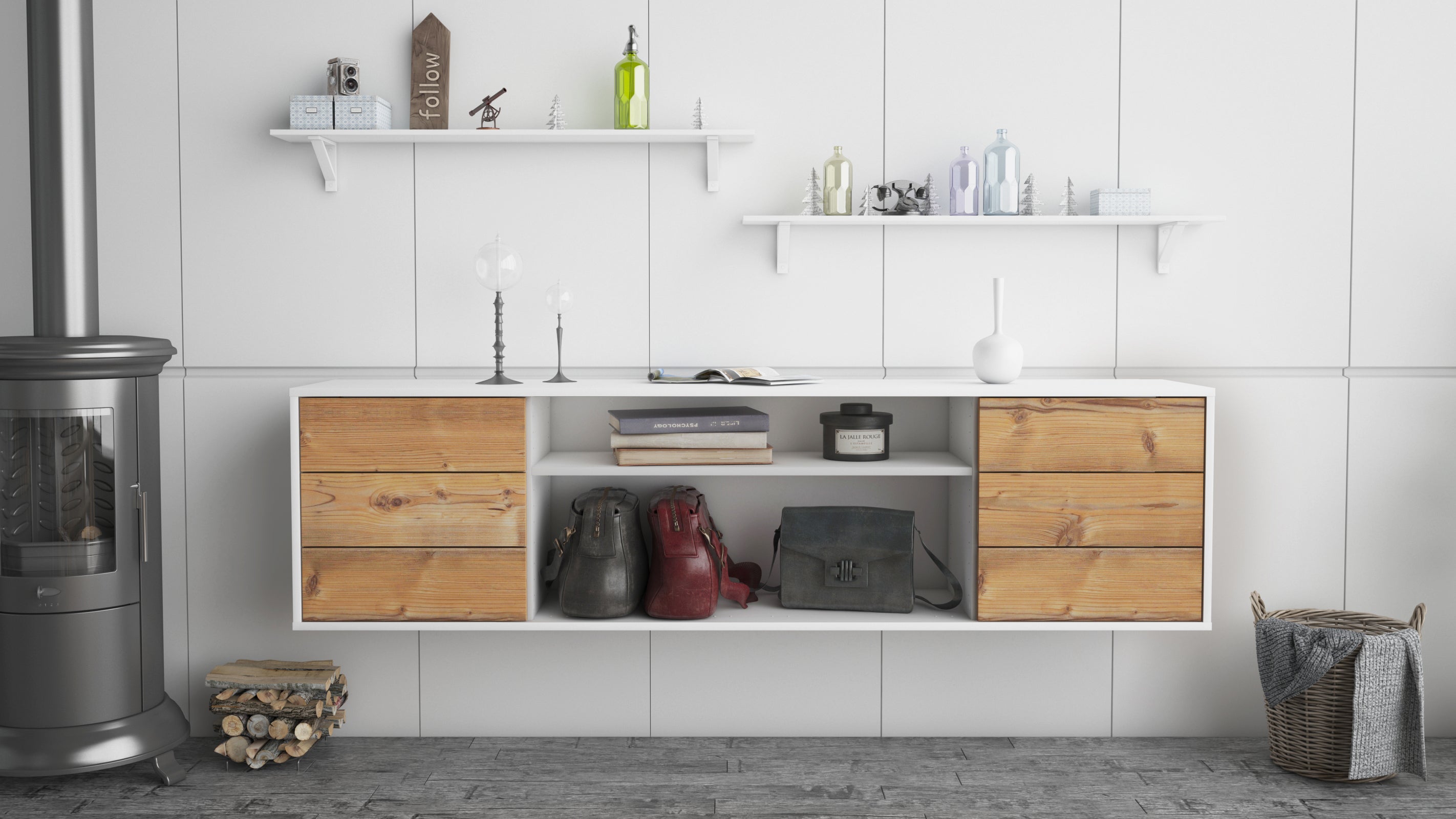 Lowboard - Belinda - Design Holzdekor - Wandmontage mit Push to Open 180 cm Weiss