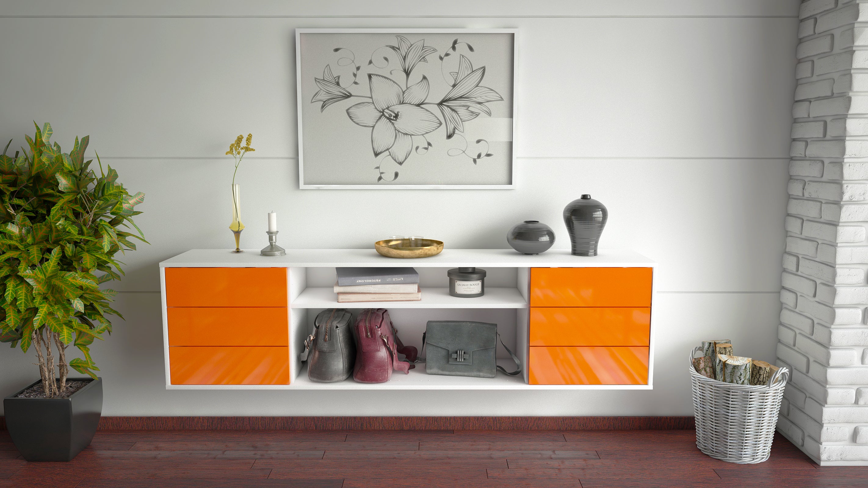 Lowboard - Belinda - Design Hochglanz - Wandmontage mit Push to Open 180 cm Weiss