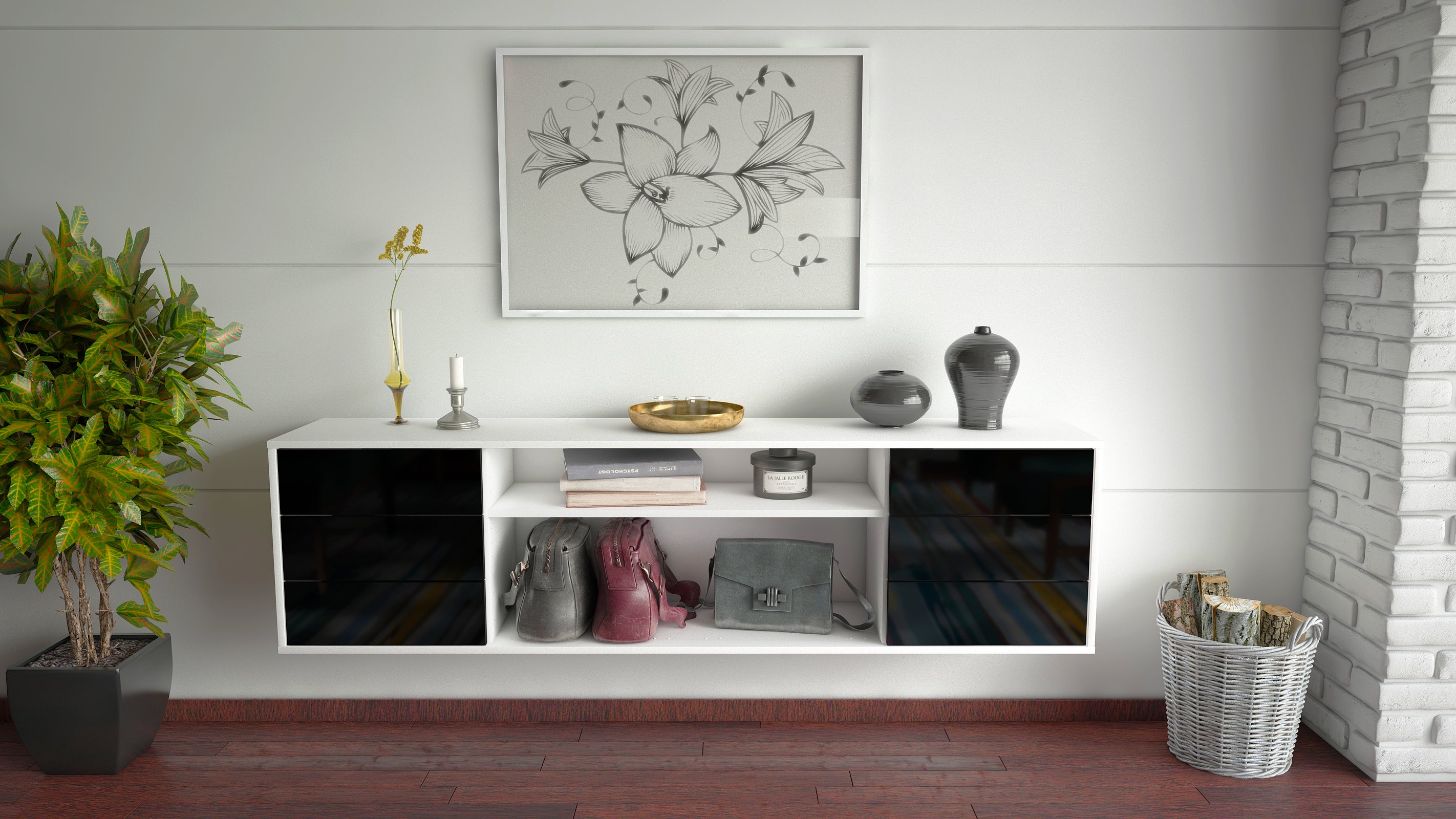 Lowboard - Belinda - Design Hochglanz - Wandmontage mit Push to Open 180 cm Weiss