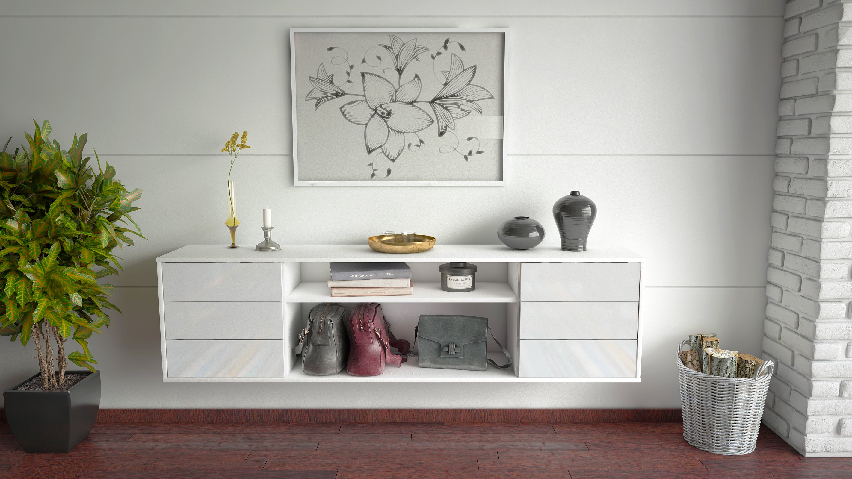 Lowboard - Belinda - Design Hochglanz - Wandmontage mit Push to Open 180 cm Weiss