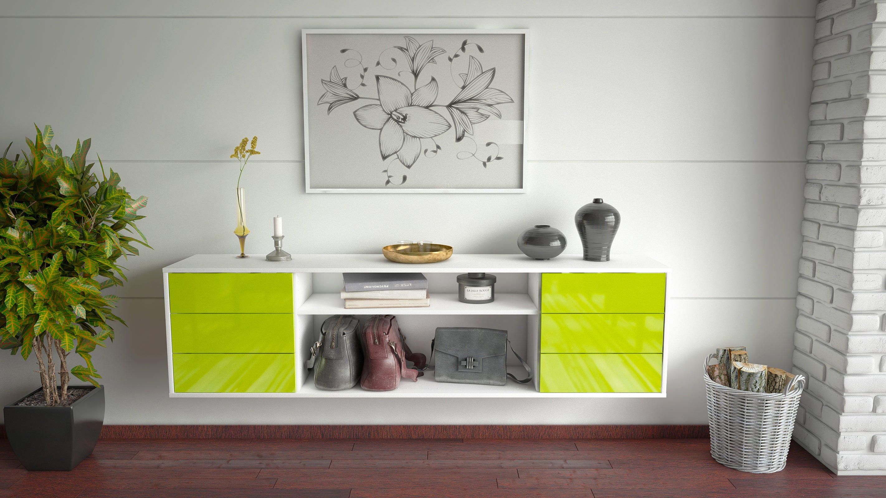 Lowboard - Belinda - Design Hochglanz - Wandmontage mit Push to Open 180 cm Weiss