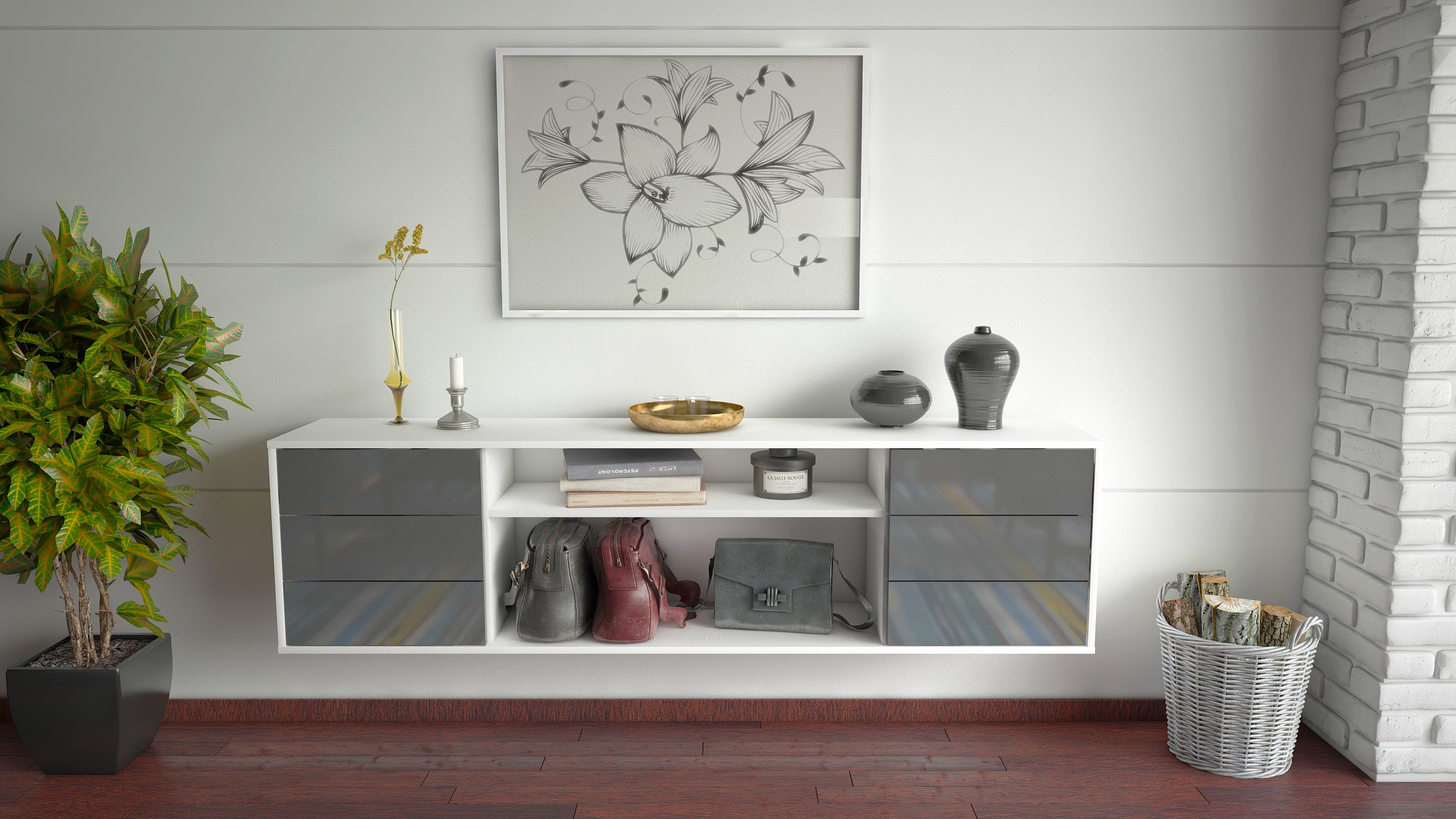 Lowboard - Belinda - Design Hochglanz - Wandmontage mit Push to Open 180 cm Weiss