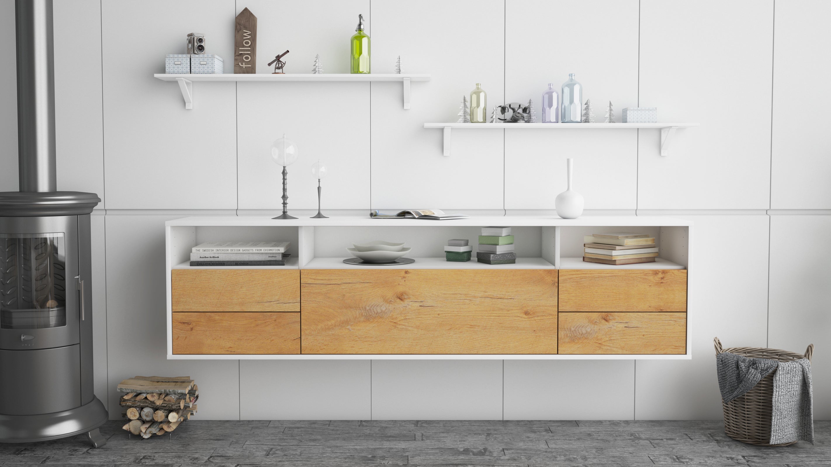 Lowboard - Bella - Design Holzdekor - Wandmontage mit Push to Open 180 cm Weiss