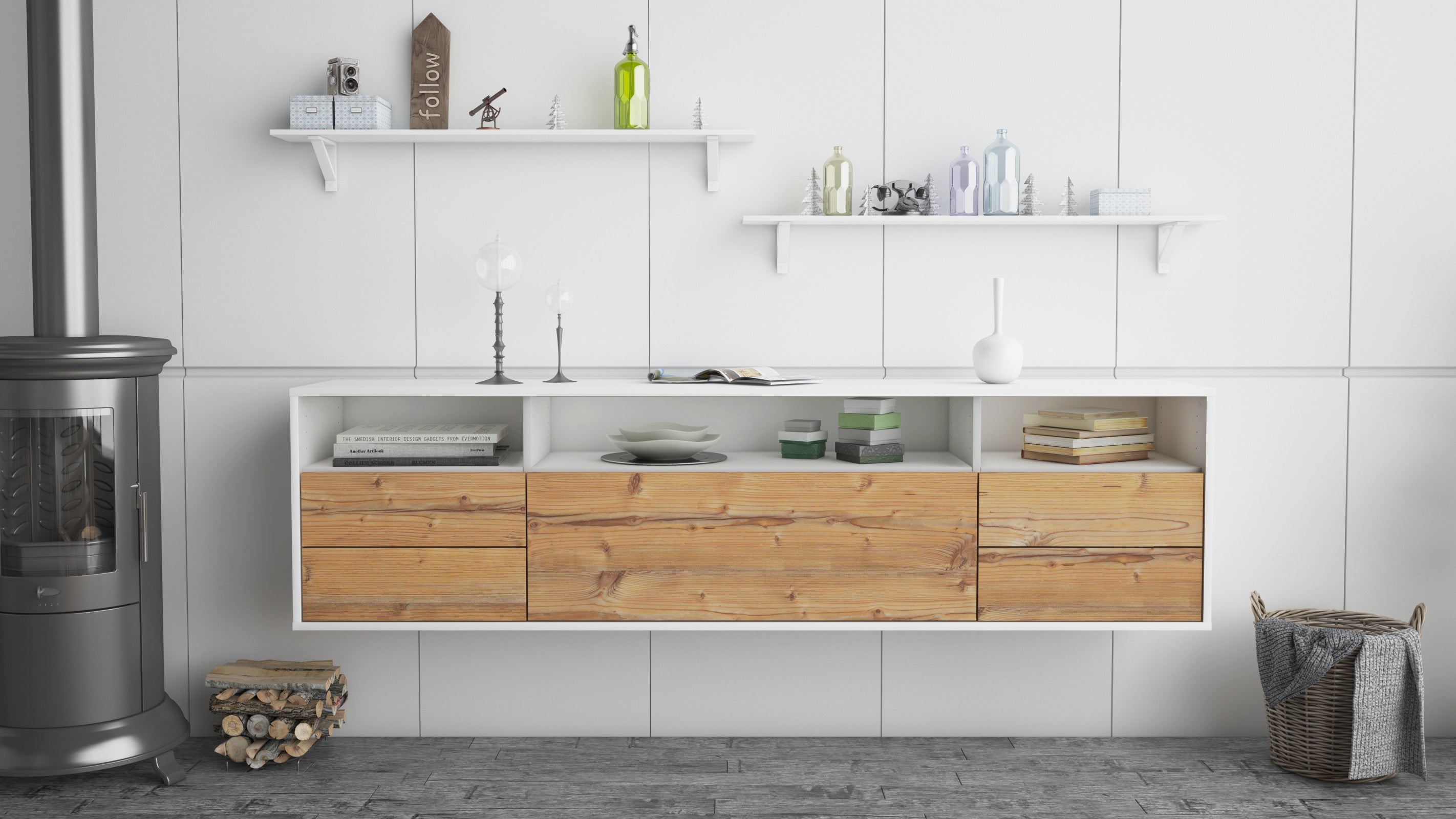 Lowboard - Bella - Design Holzdekor - Wandmontage mit Push to Open 180 cm Weiss