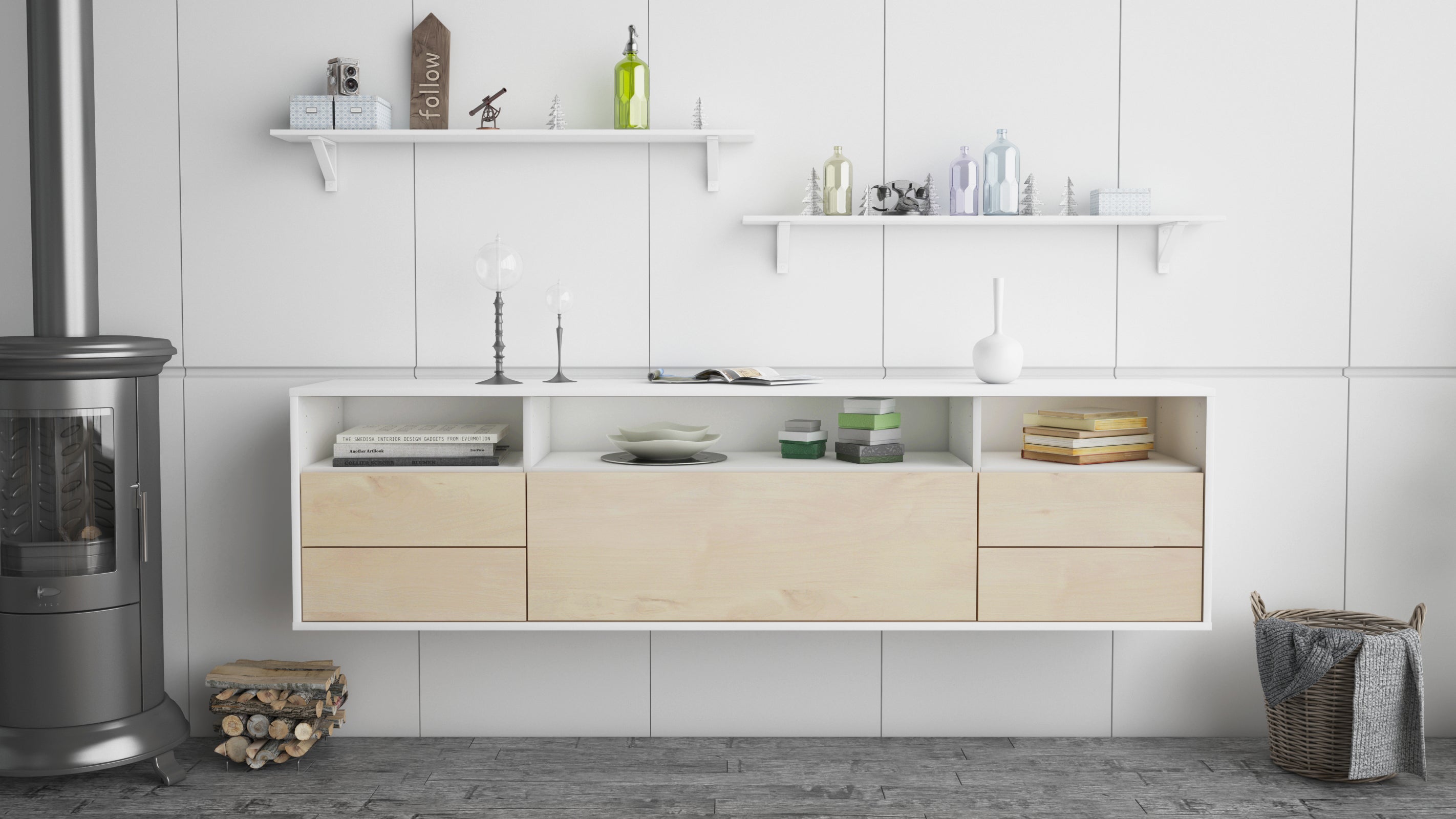 Lowboard - Bella - Design Holzdekor - Wandmontage mit Push to Open 180 cm Weiss