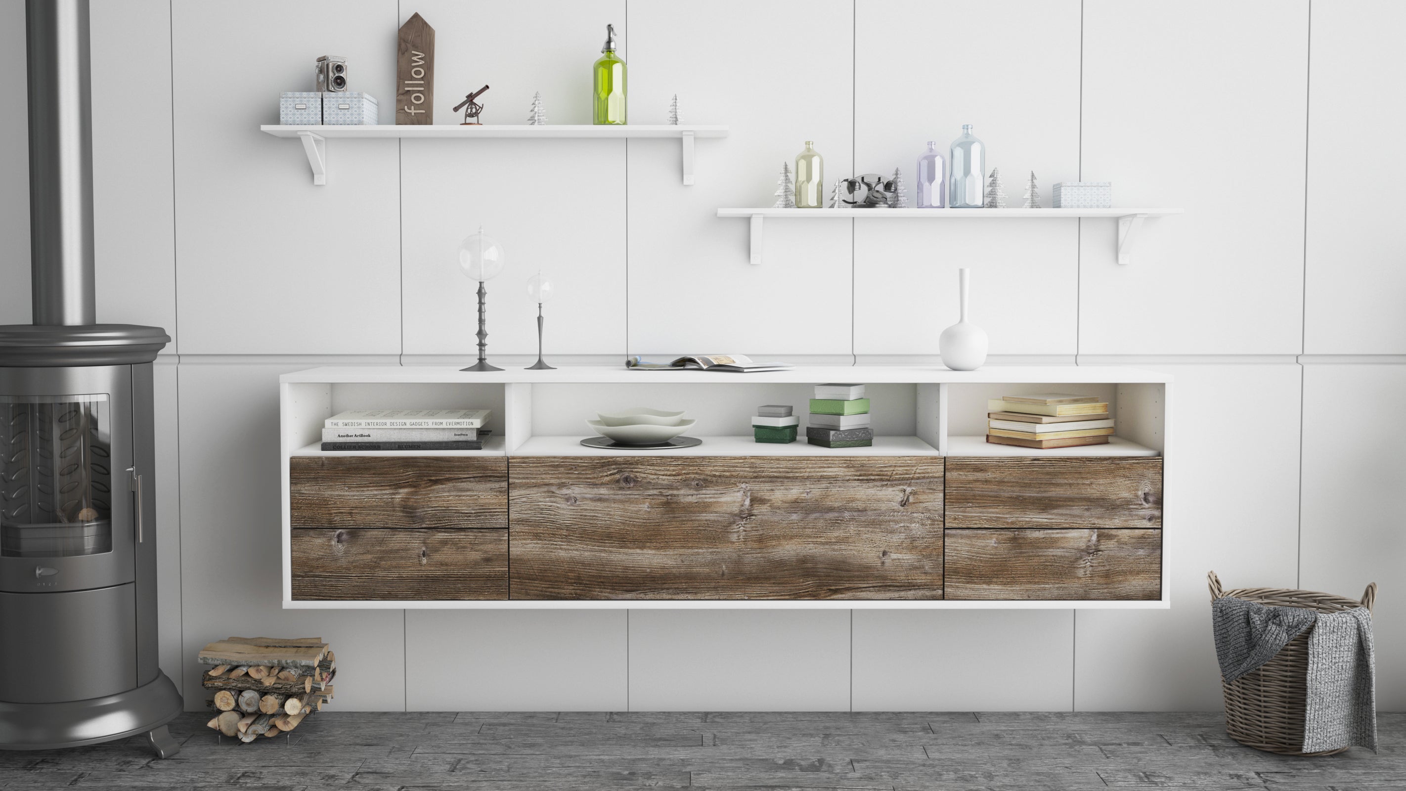 Lowboard - Bella - Design Holzdekor - Wandmontage mit Push to Open 180 cm Weiss