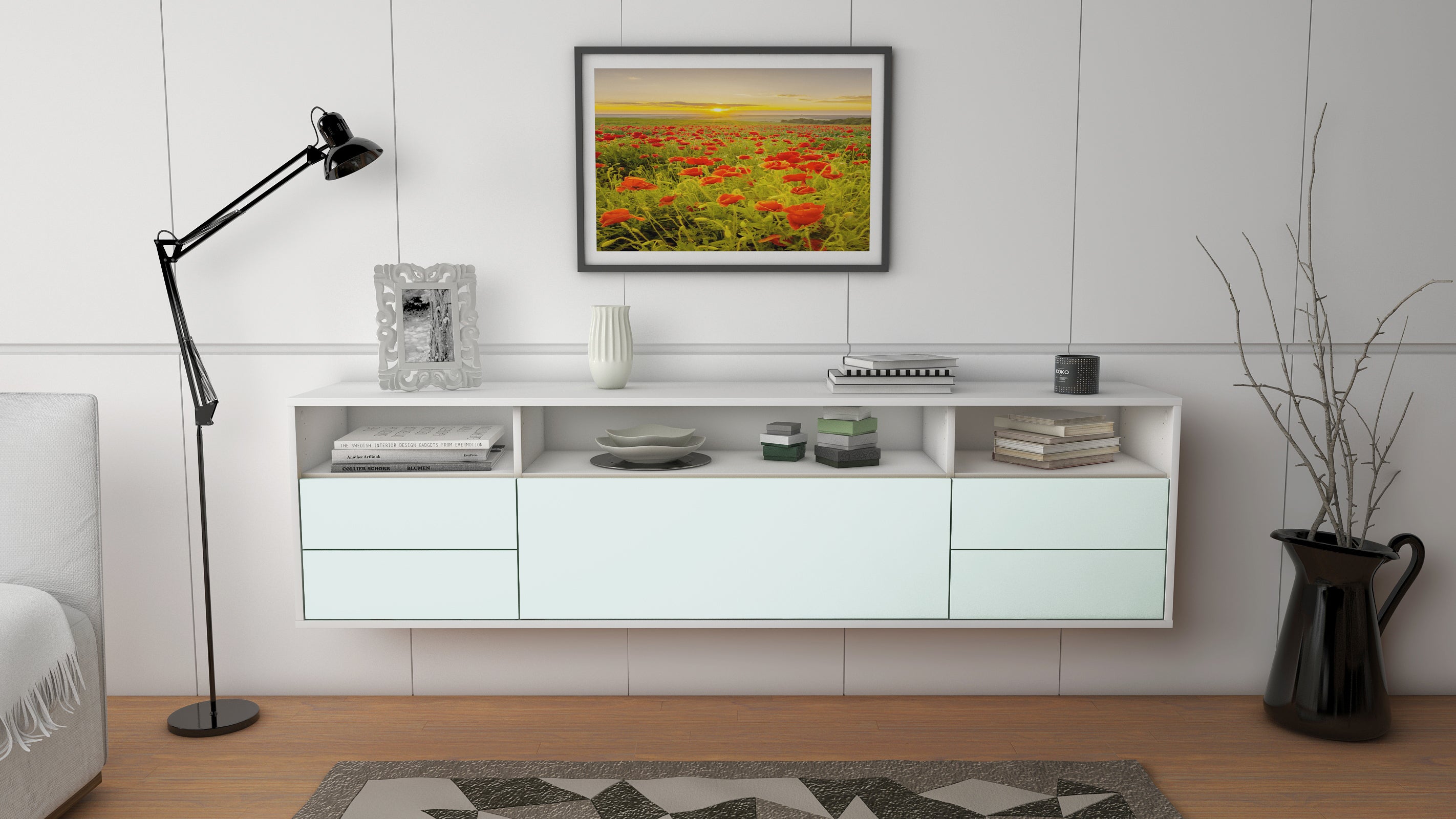 Lowboard - Bella - Design Farbakzent - Wandmontage mit Push to Open 180 cm Weiss