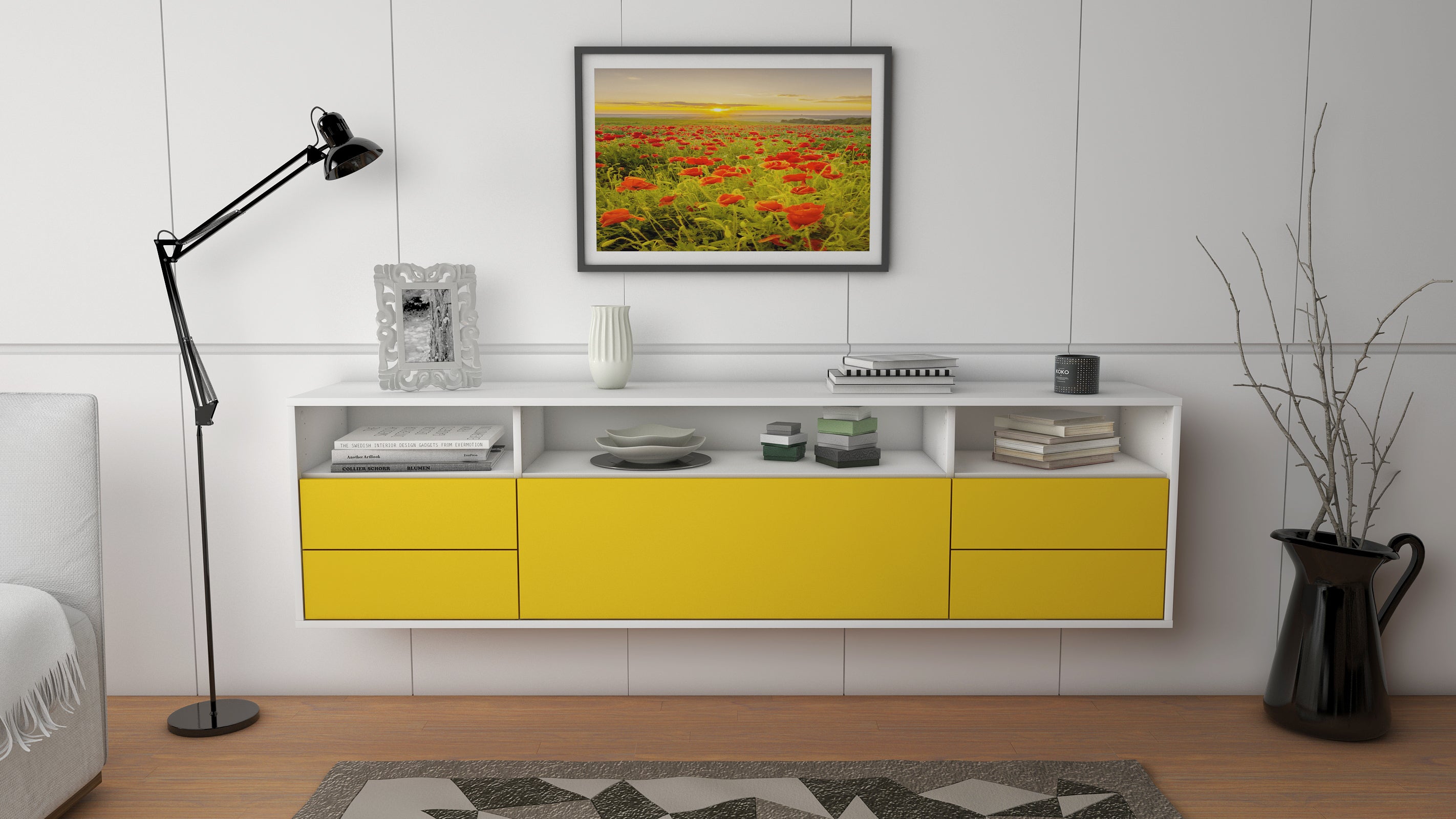 Lowboard - Bella - Design Farbakzent - Wandmontage mit Push to Open 180 cm Weiss