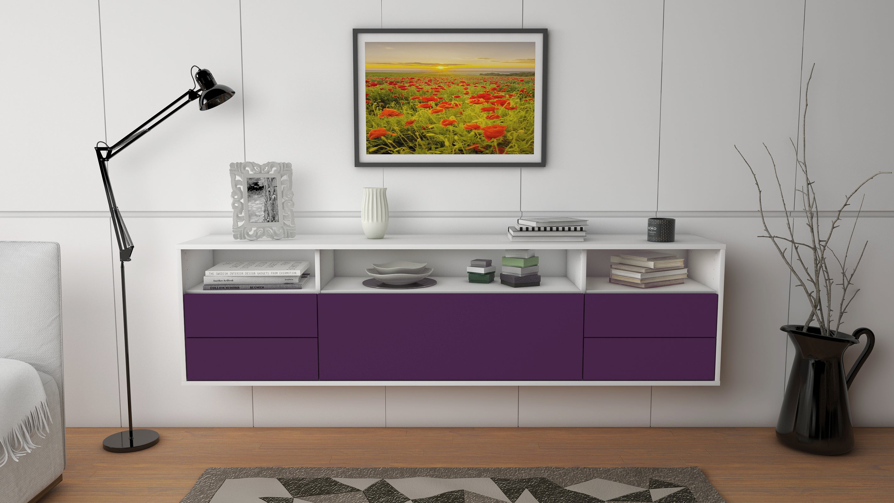 Lowboard - Bella - Design Farbakzent - Wandmontage mit Push to Open 180 cm Weiss