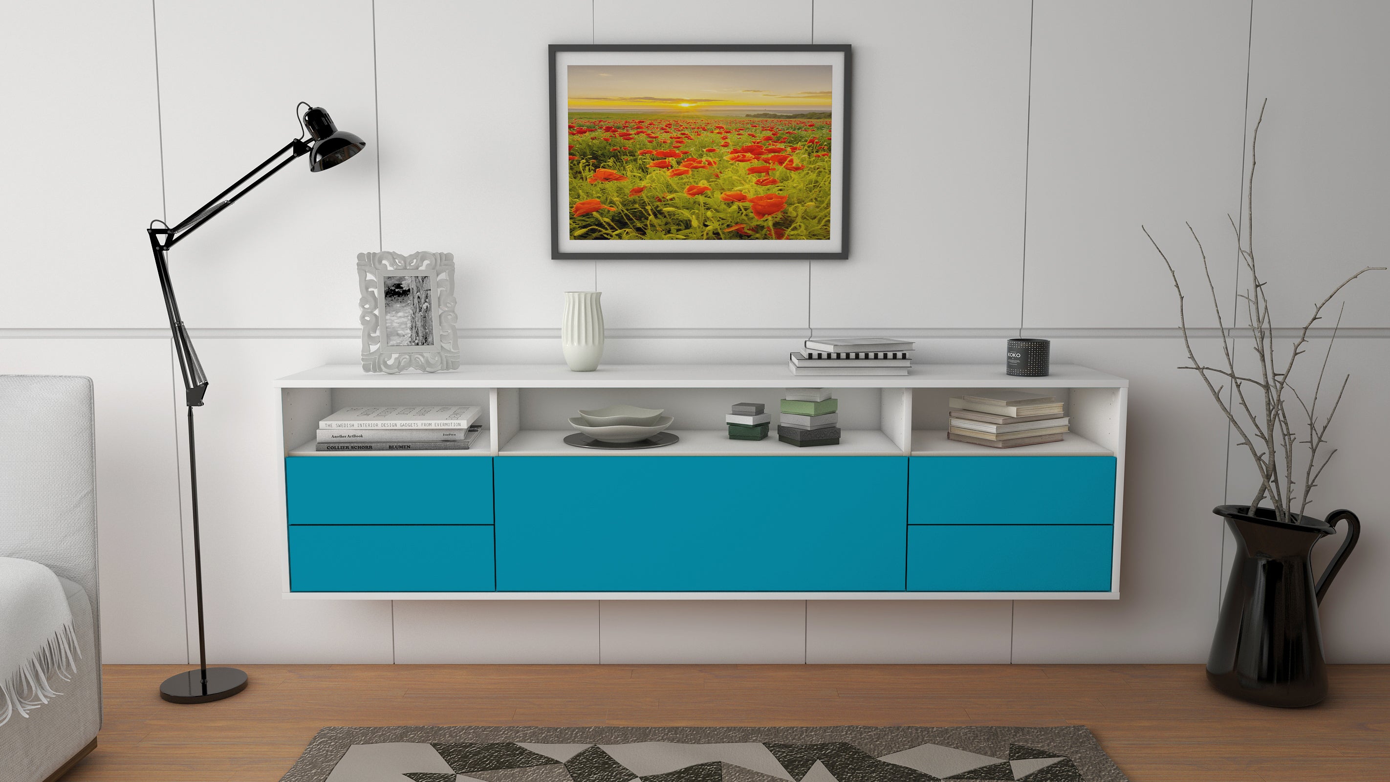 Lowboard - Bella - Design Farbakzent - Wandmontage mit Push to Open 180 cm Weiss