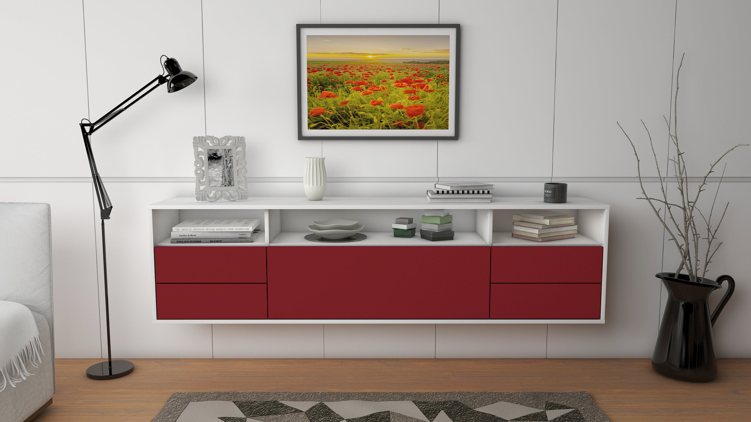 Lowboard - Bella - Design Farbakzent - Wandmontage mit Push to Open 180 cm Weiss