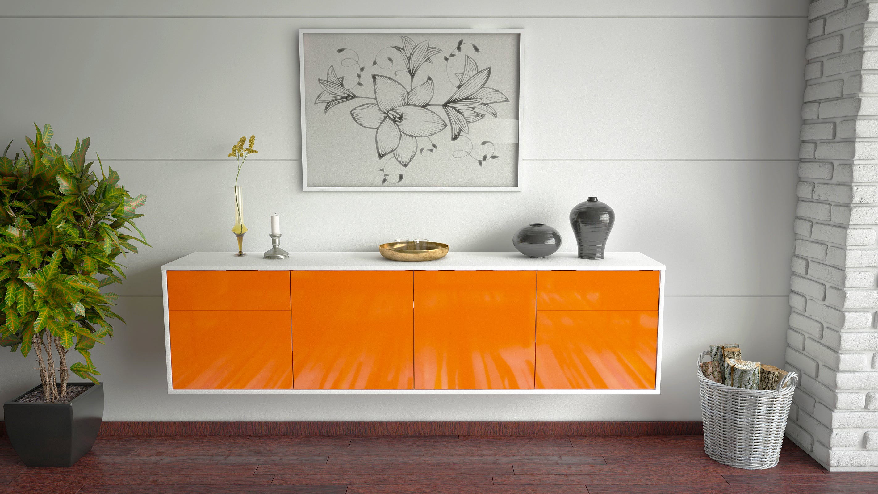 Lowboard - Benedetta - Design Hochglanz - Wandmontage mit Push to Open 180 cm Weiss