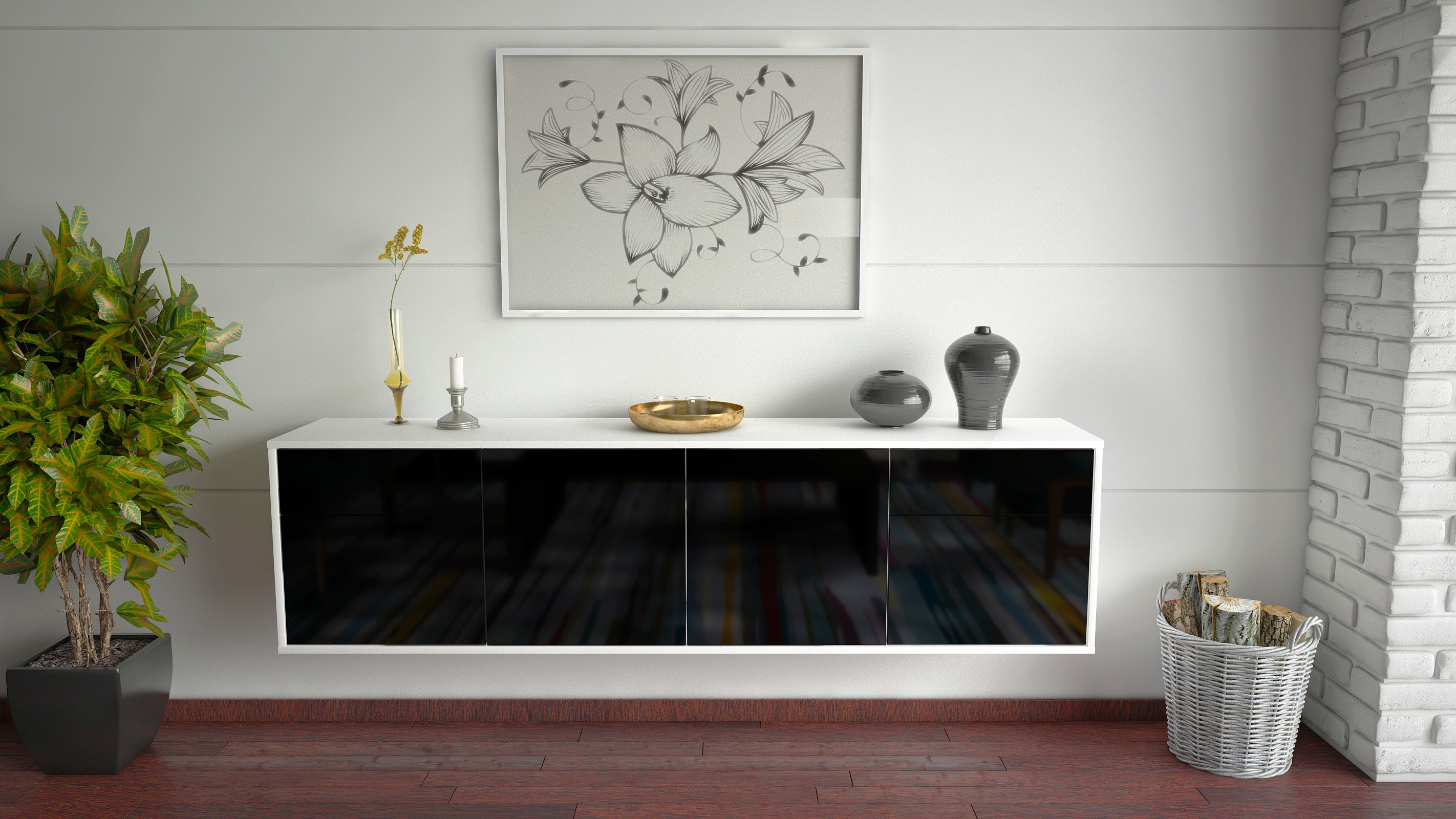 Lowboard - Benedetta - Design Hochglanz - Wandmontage mit Push to Open 180 cm Weiss