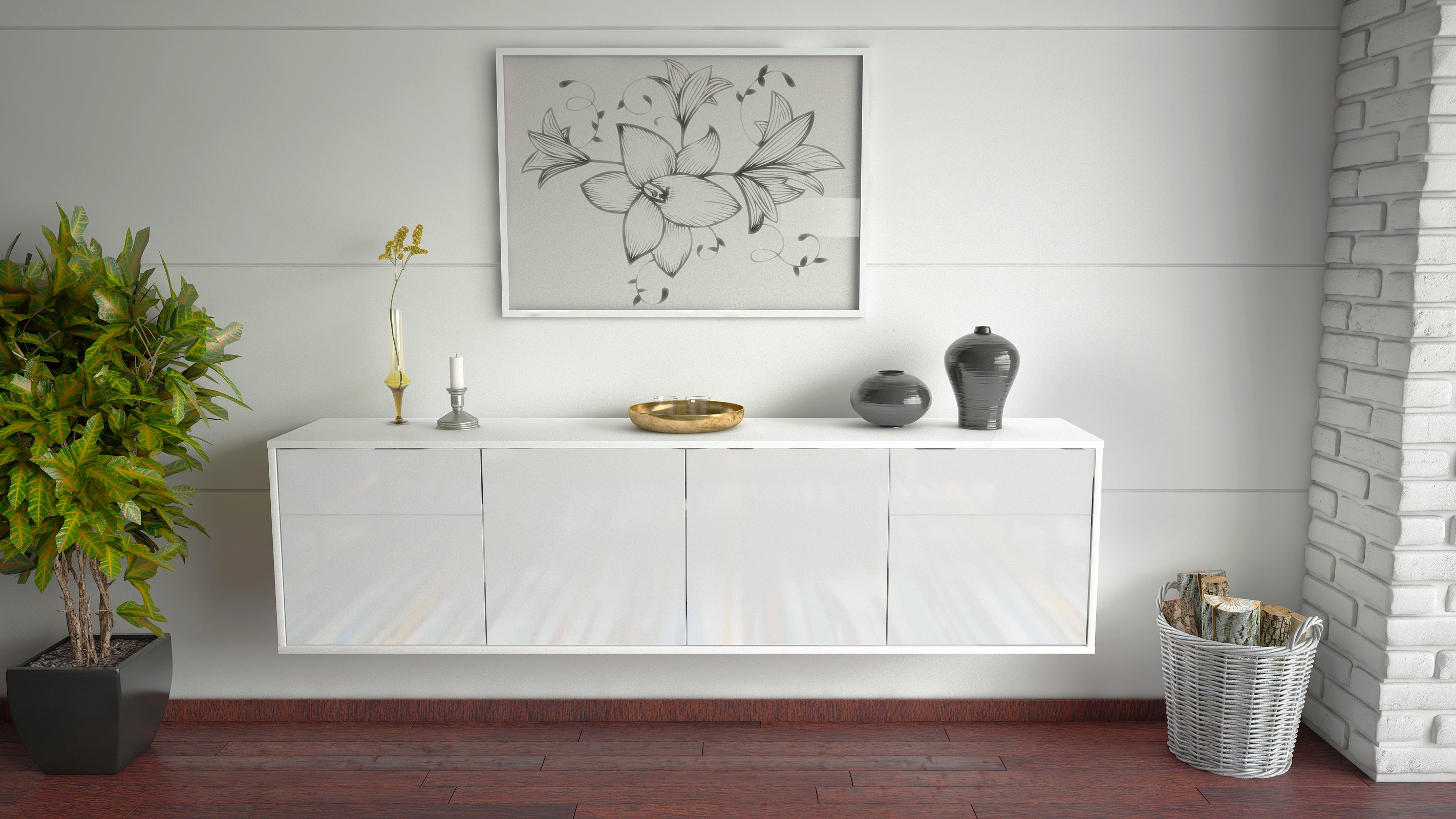 Lowboard - Benedetta - Design Hochglanz - Wandmontage mit Push to Open 180 cm Weiss