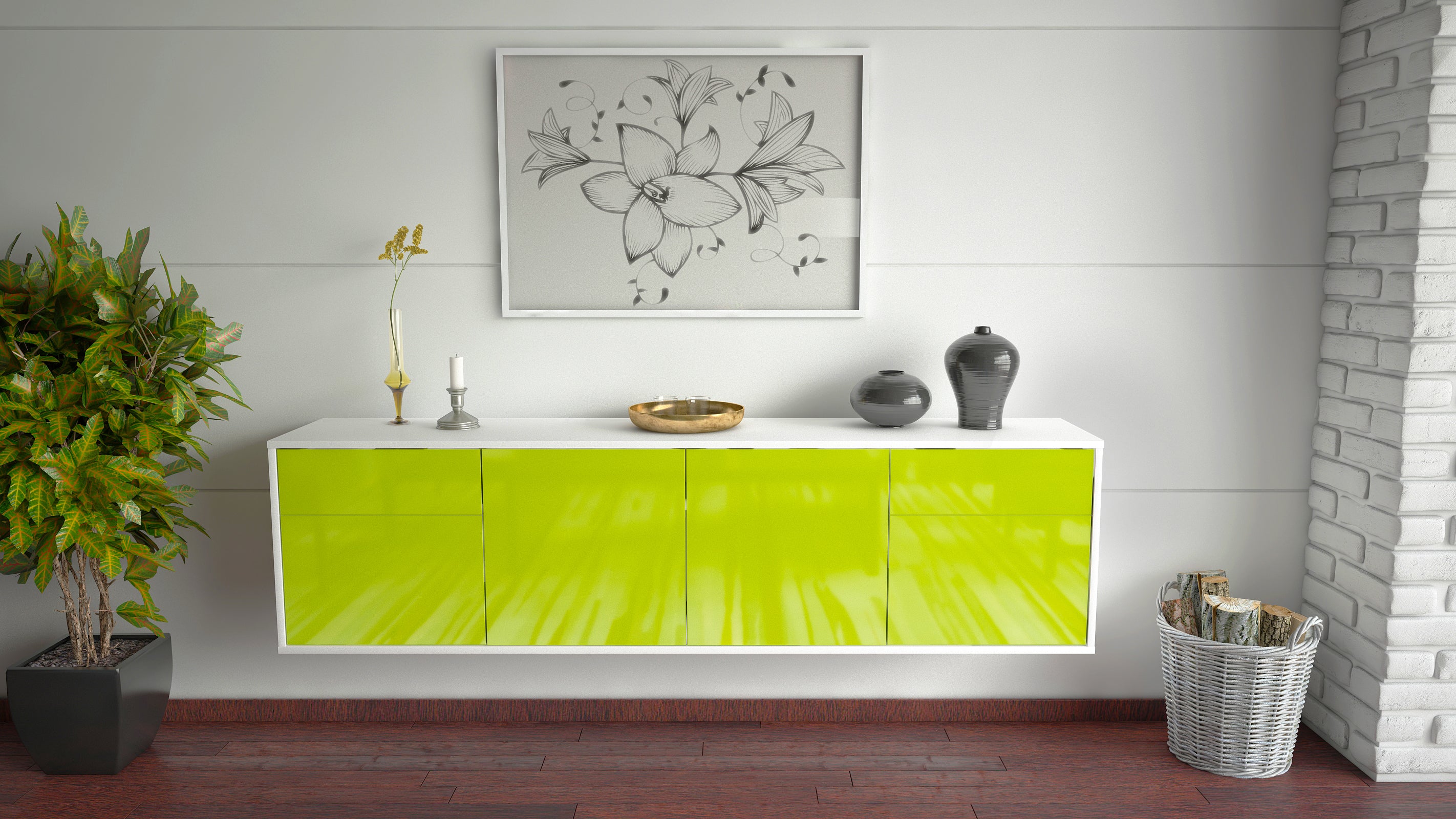 Lowboard - Benedetta - Design Hochglanz - Wandmontage mit Push to Open 180 cm Weiss