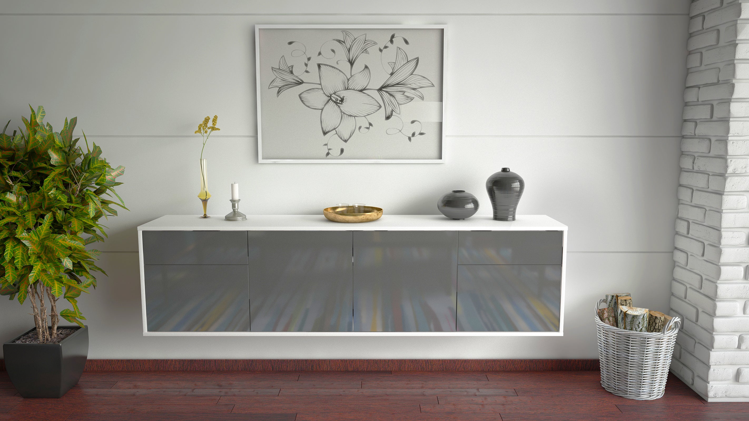 Lowboard - Benedetta - Design Hochglanz - Wandmontage mit Push to Open 180 cm Weiss