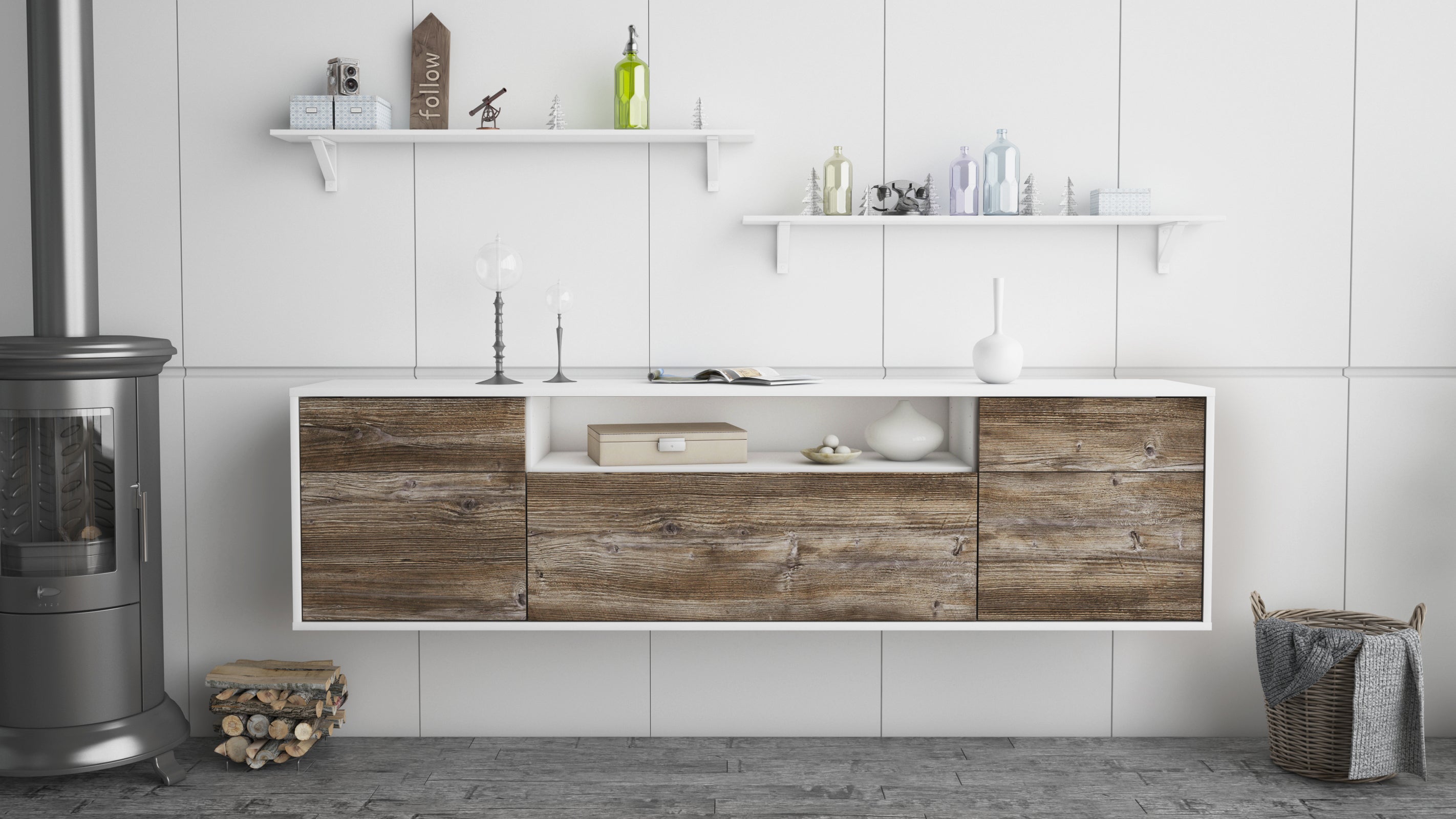 Lowboard - Bernadetta - Design Holzdekor - Wandmontage mit Push to Open 180 cm Weiss