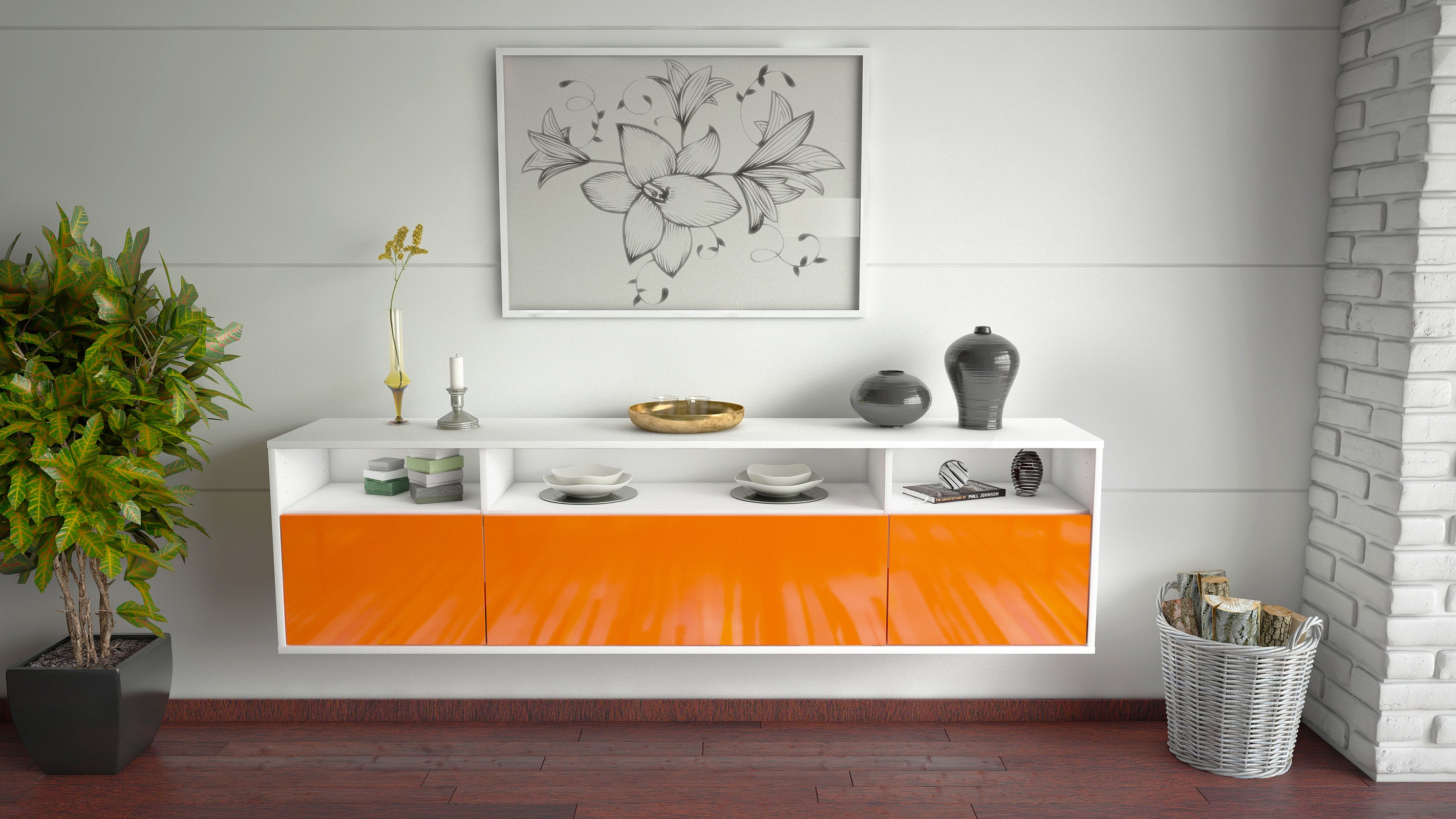 Lowboard - BIANCA - Design Hochglanz - Wandmontage mit Push to Open 180 cm Weiss