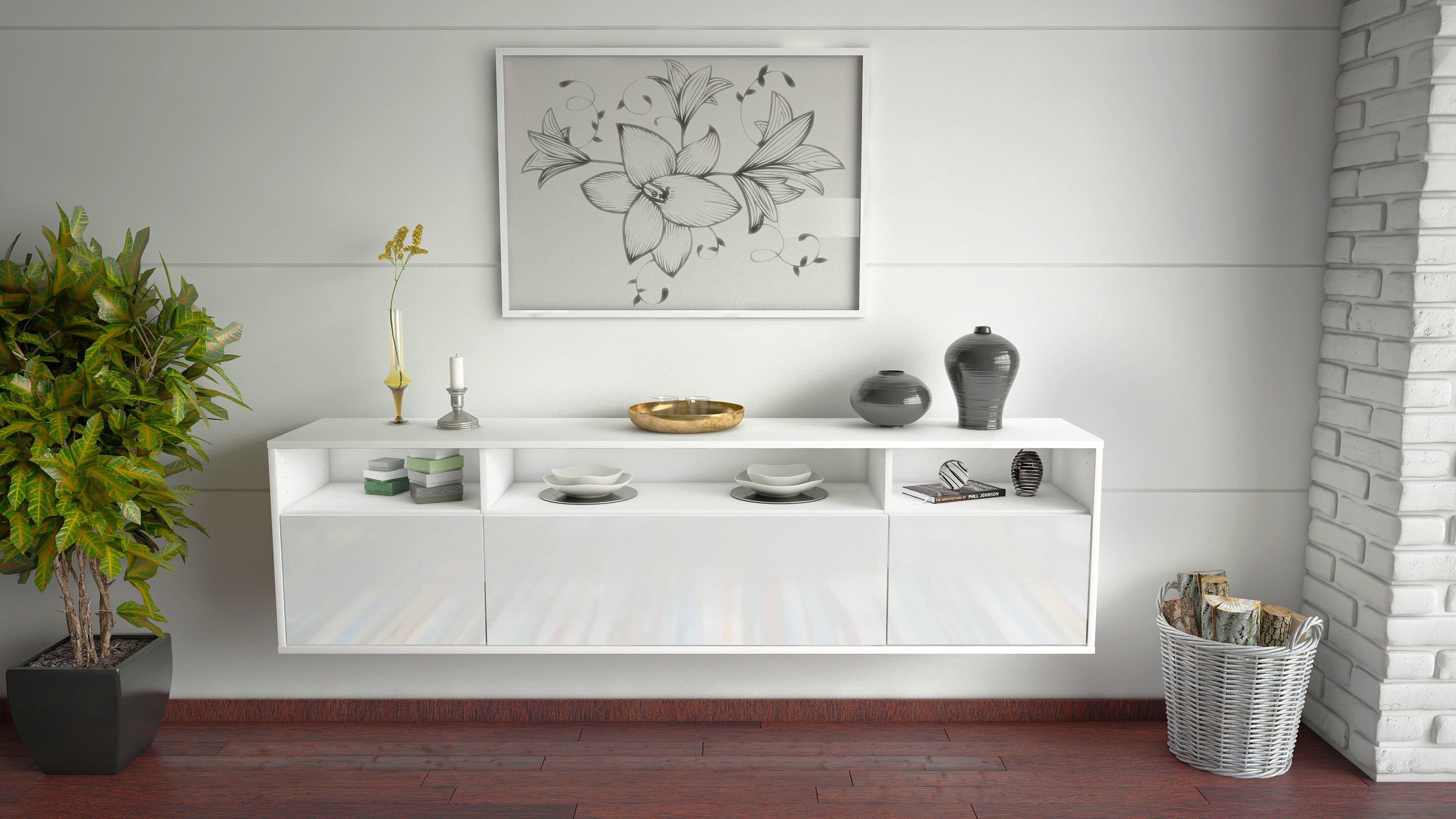 Lowboard - BIANCA - Design Hochglanz - Wandmontage mit Push to Open 180 cm Weiss