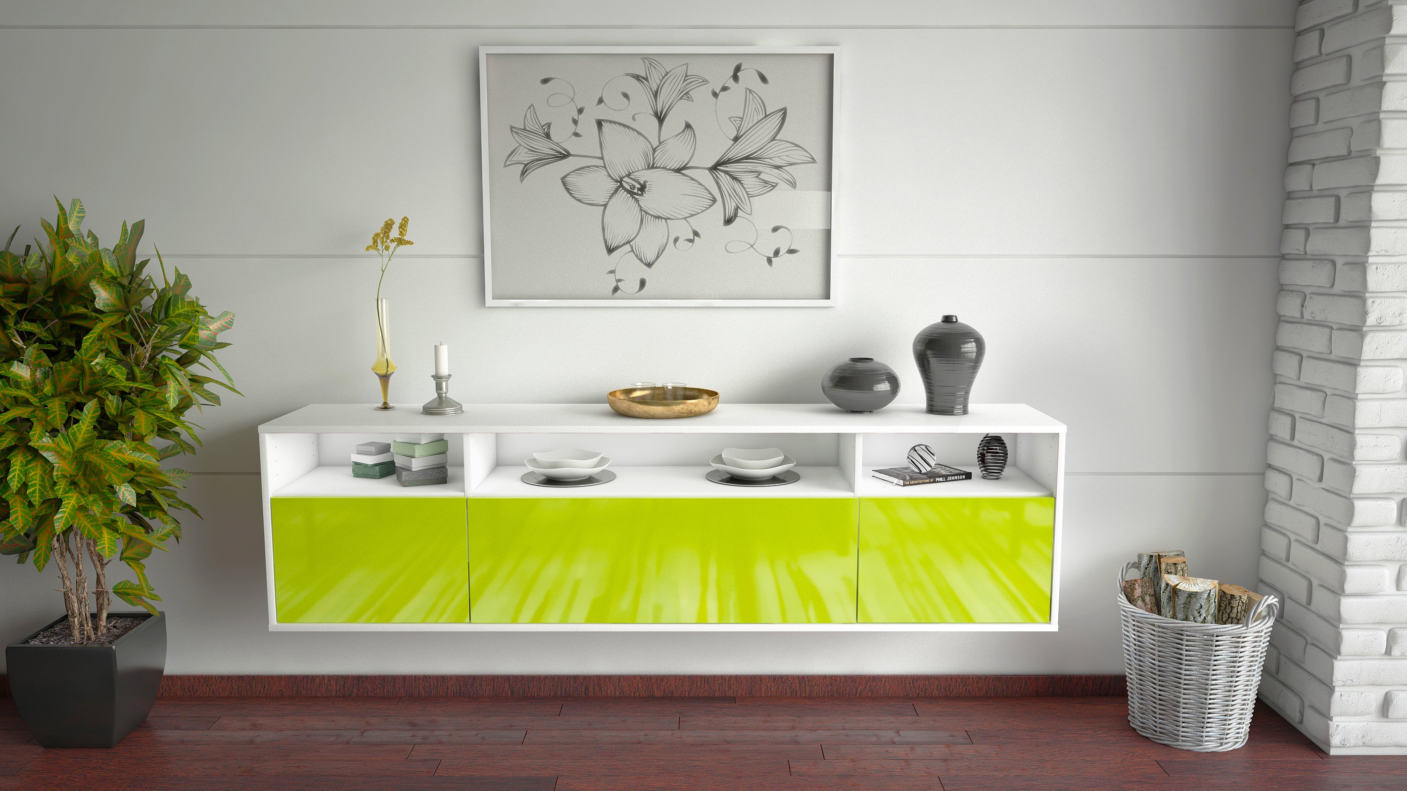 Lowboard - BIANCA - Design Hochglanz - Wandmontage mit Push to Open 180 cm Weiss
