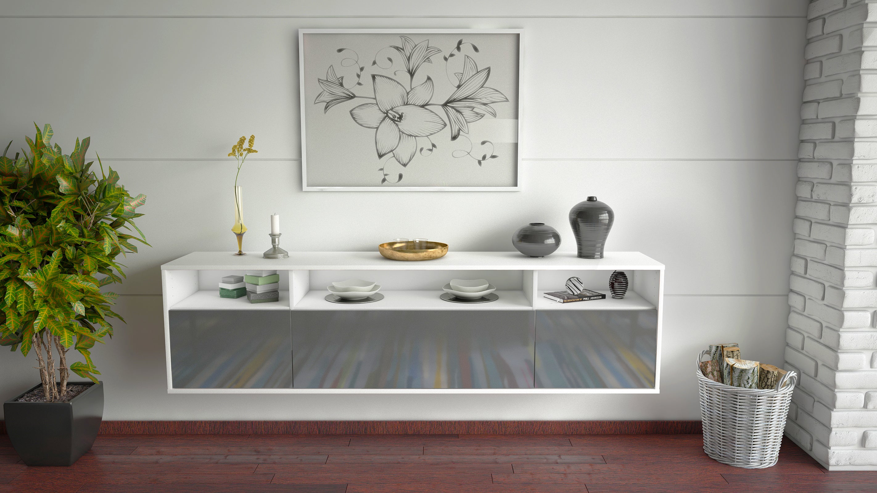 Lowboard - BIANCA - Design Hochglanz - Wandmontage mit Push to Open 180 cm Weiss