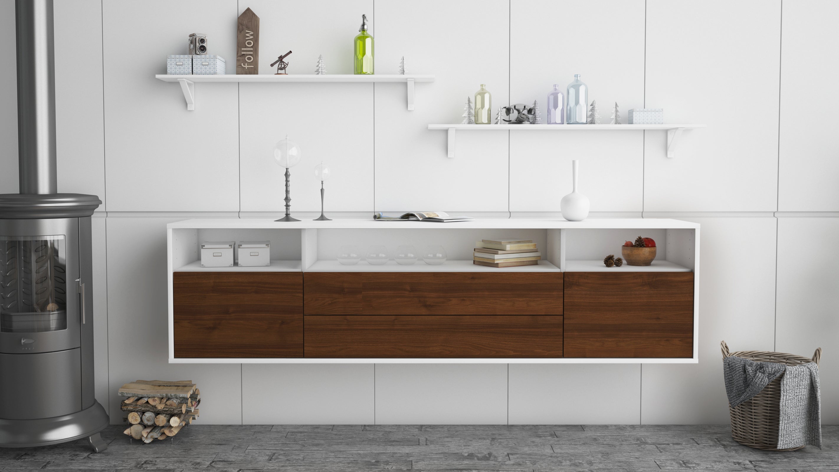 Lowboard - Biancaneve - Design Holzdekor - Wandmontage mit Push to Open 180 cm Weiss