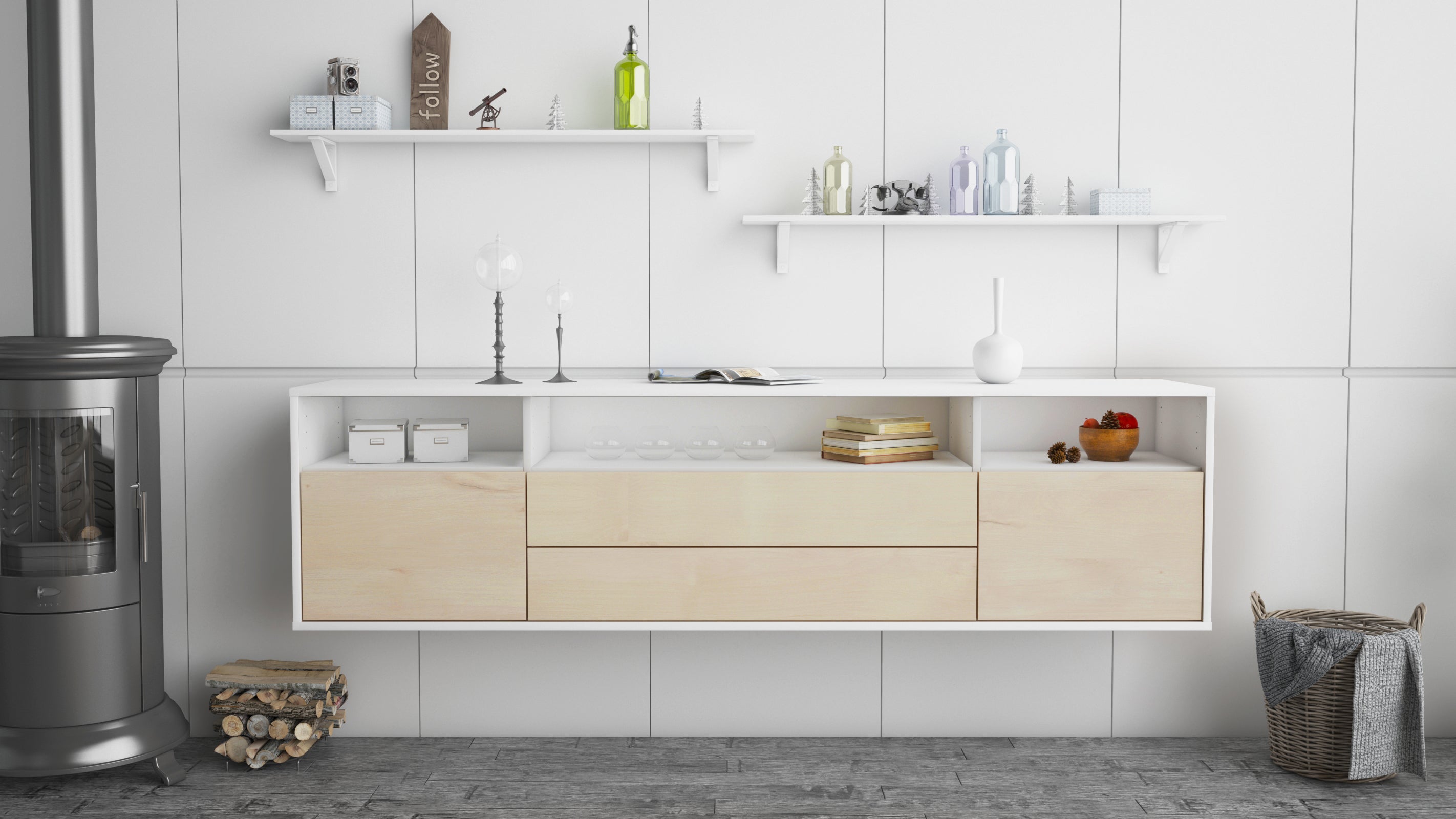 Lowboard - Biancaneve - Design Holzdekor - Wandmontage mit Push to Open 180 cm Weiss