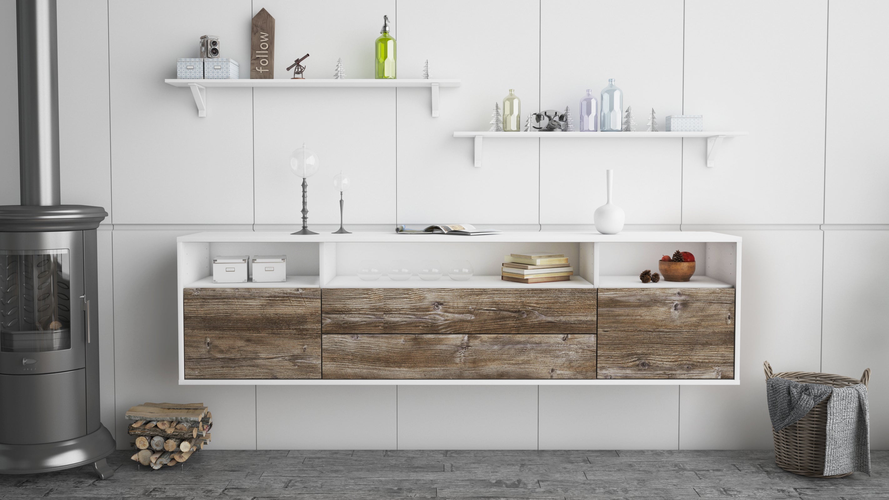 Lowboard - Biancaneve - Design Holzdekor - Wandmontage mit Push to Open 180 cm Weiss