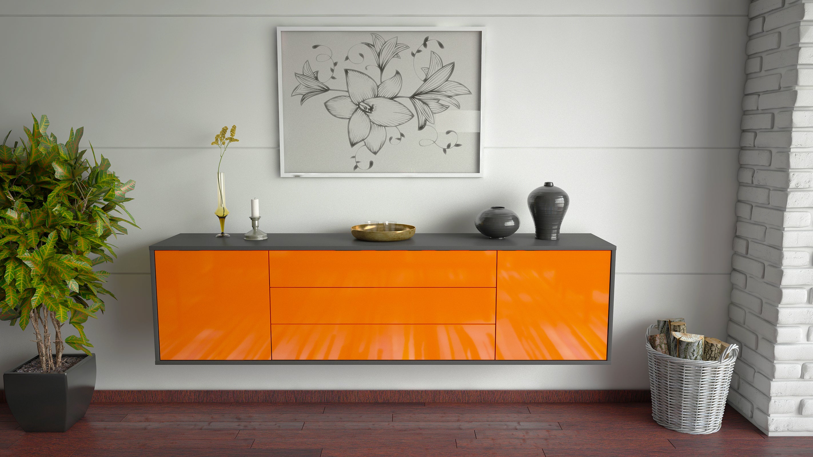 Lowboard - Ariella - Design Hochglanz - Wandmontage mit Push to Open 180 cm Anthrazit