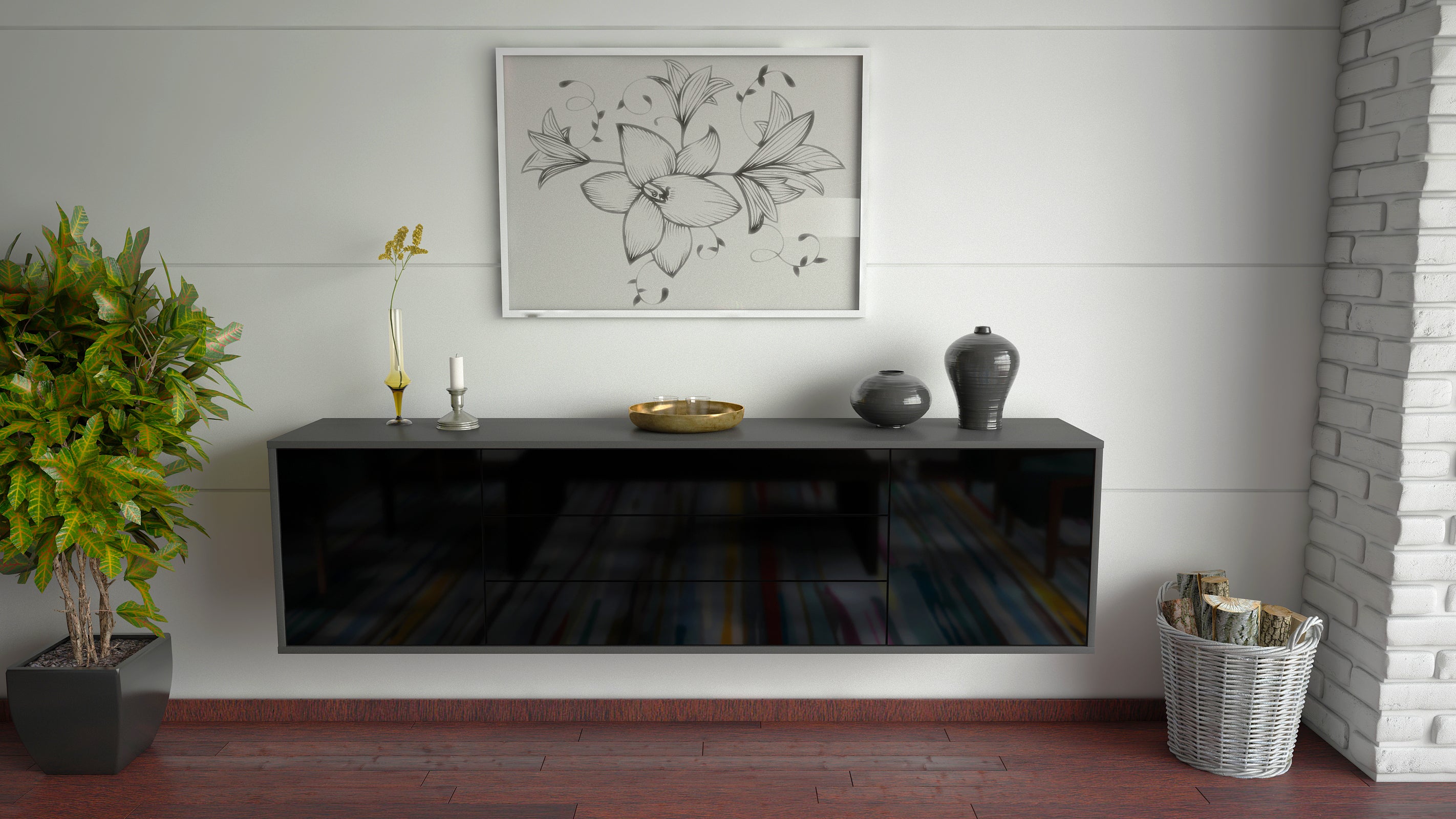 Lowboard - Ariella - Design Hochglanz - Wandmontage mit Push to Open 180 cm Anthrazit