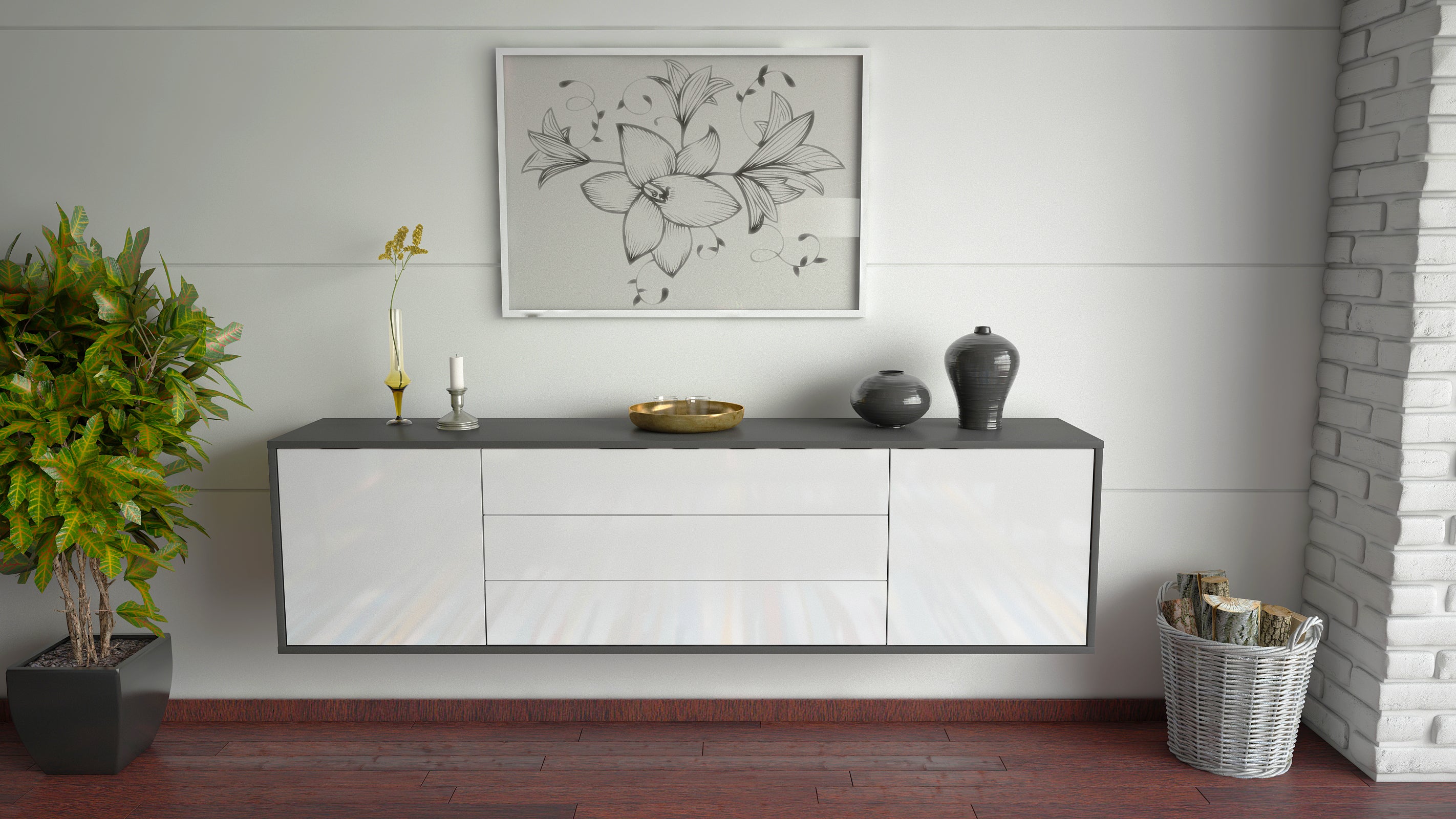 Lowboard - Ariella - Design Hochglanz - Wandmontage mit Push to Open 180 cm Anthrazit