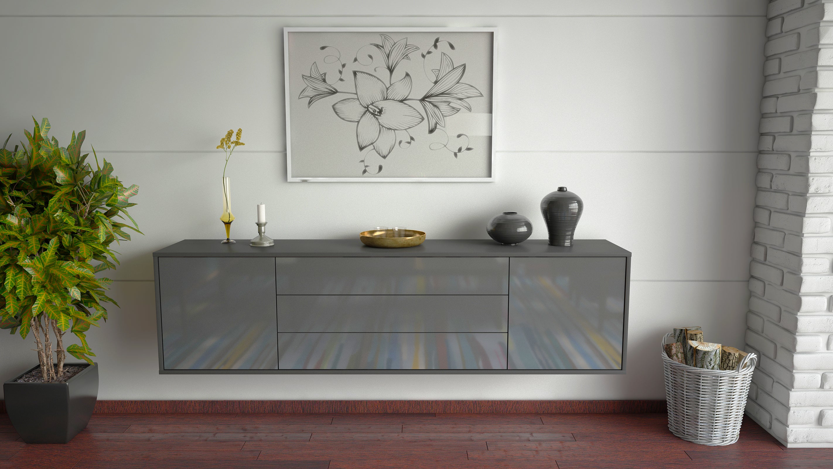 Lowboard - Ariella - Design Hochglanz - Wandmontage mit Push to Open 180 cm Anthrazit