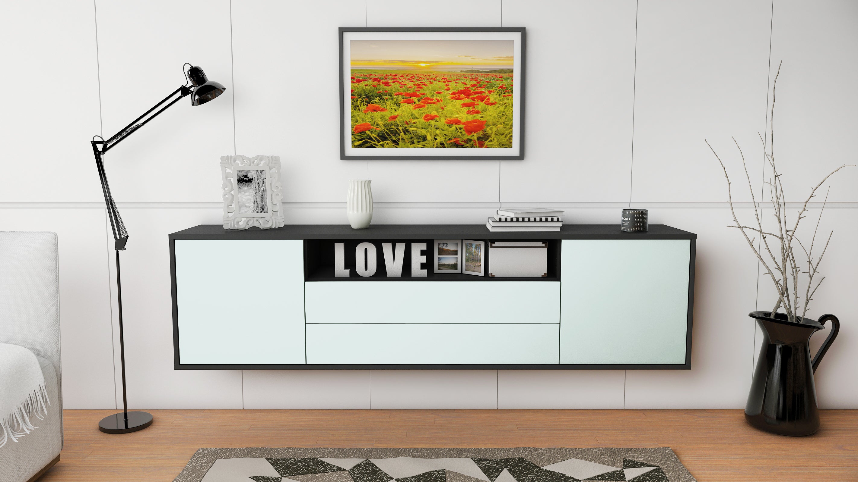 Lowboard - Armanda - Design Farbakzent - Wandmontage mit Push to Open 180 cm Anthrazit