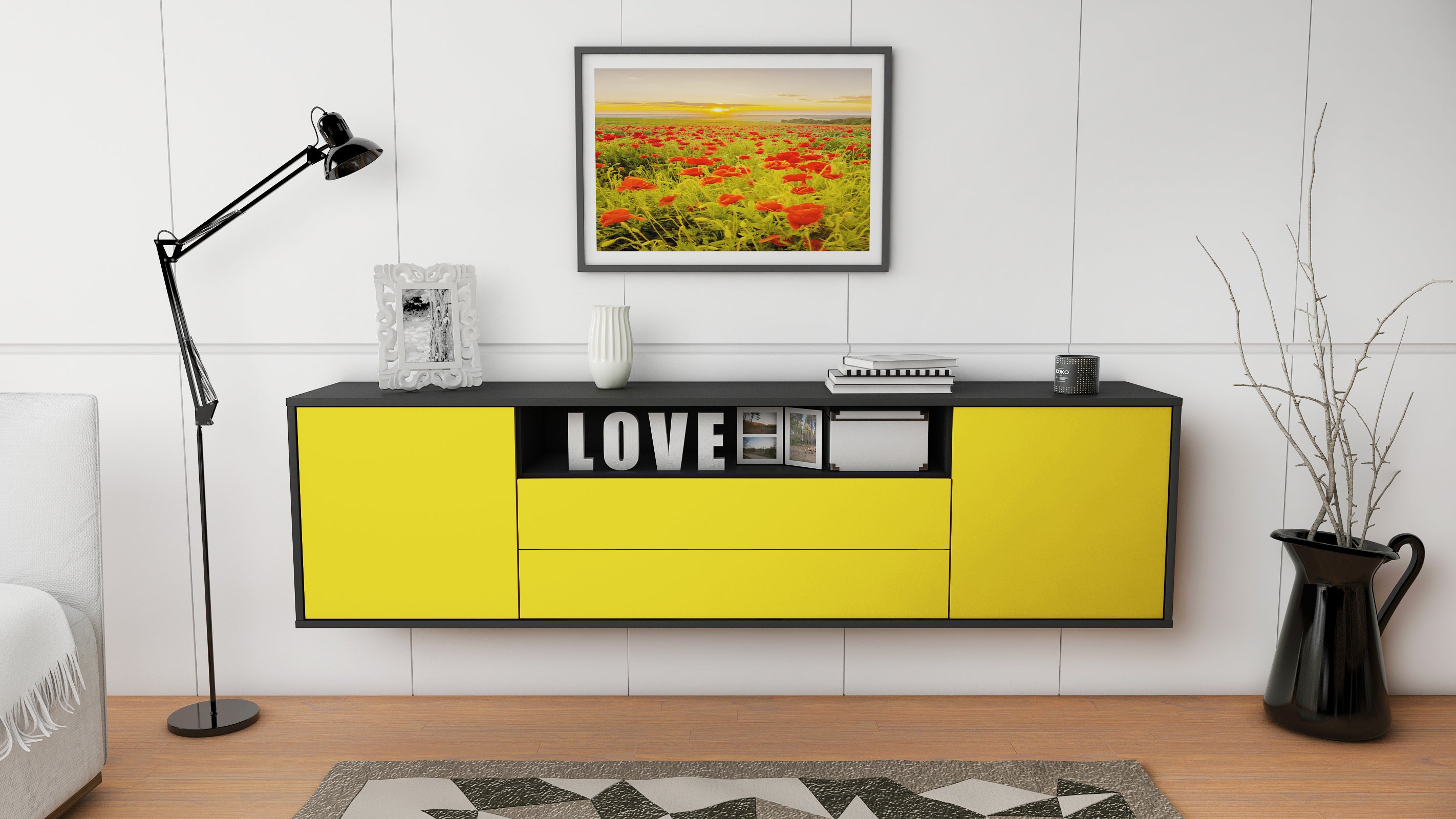 Lowboard - Armanda - Design Farbakzent - Wandmontage mit Push to Open 180 cm Anthrazit