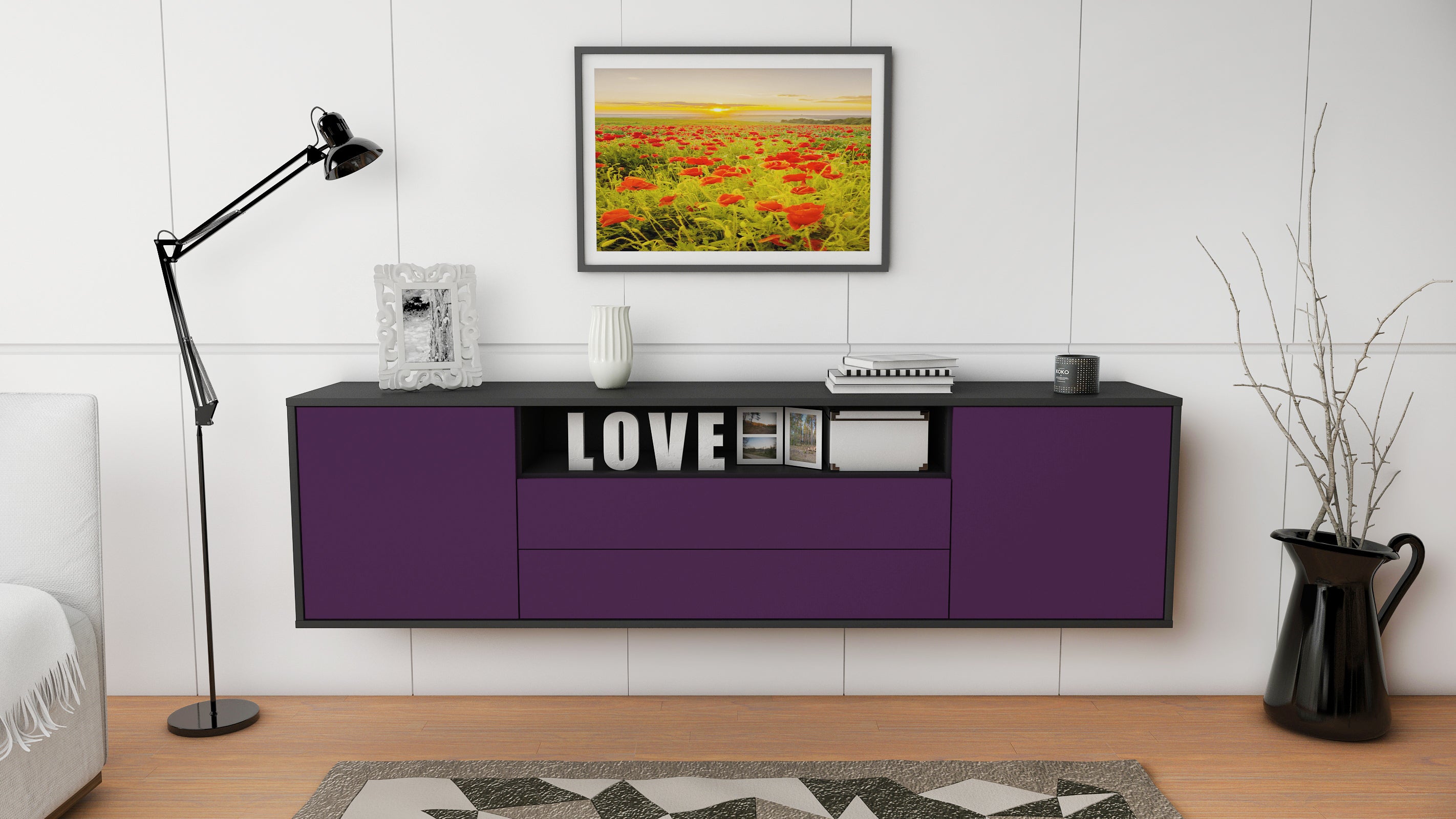 Lowboard - Armanda - Design Farbakzent - Wandmontage mit Push to Open 180 cm Anthrazit