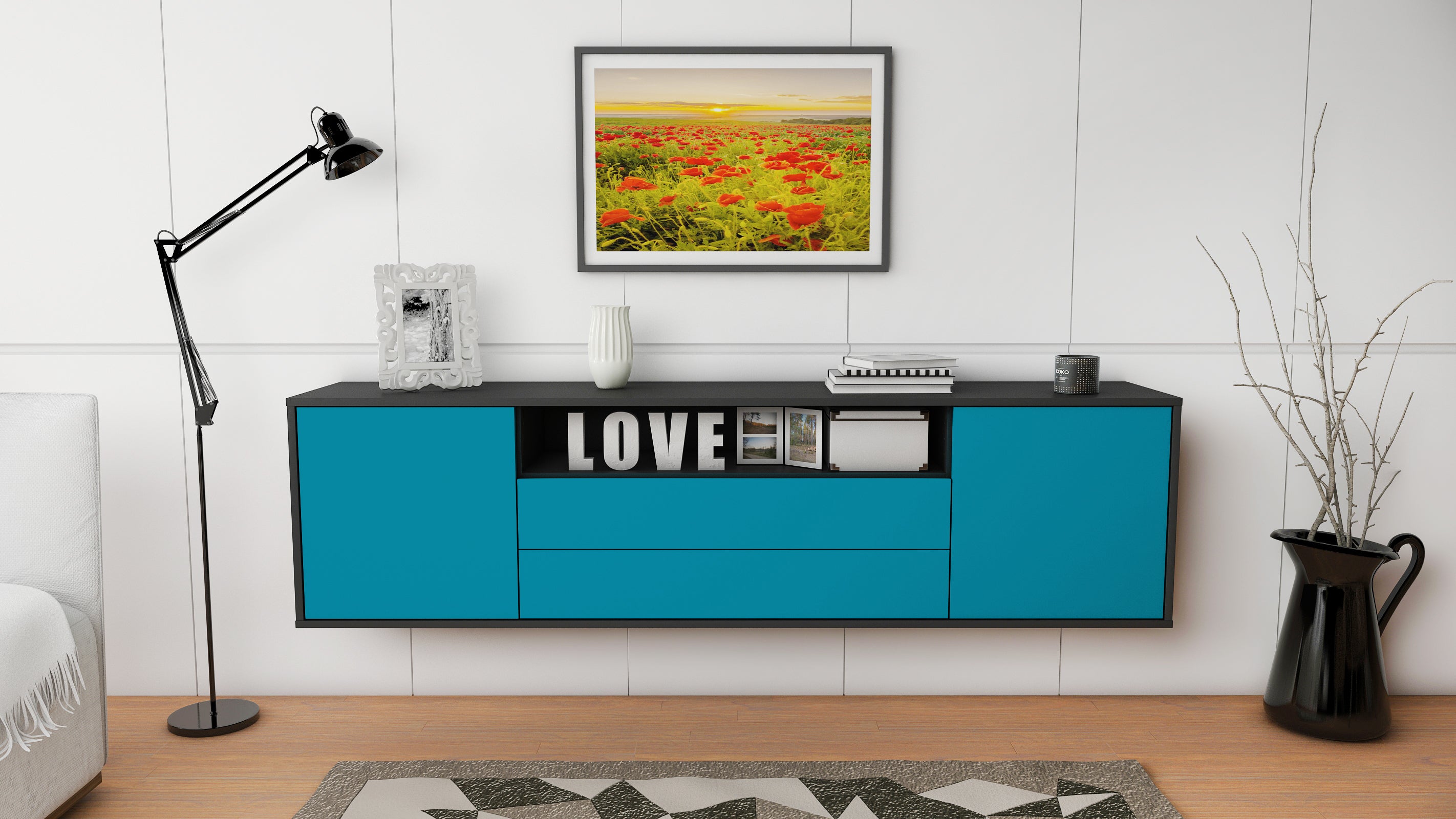 Lowboard - Armanda - Design Farbakzent - Wandmontage mit Push to Open 180 cm Anthrazit