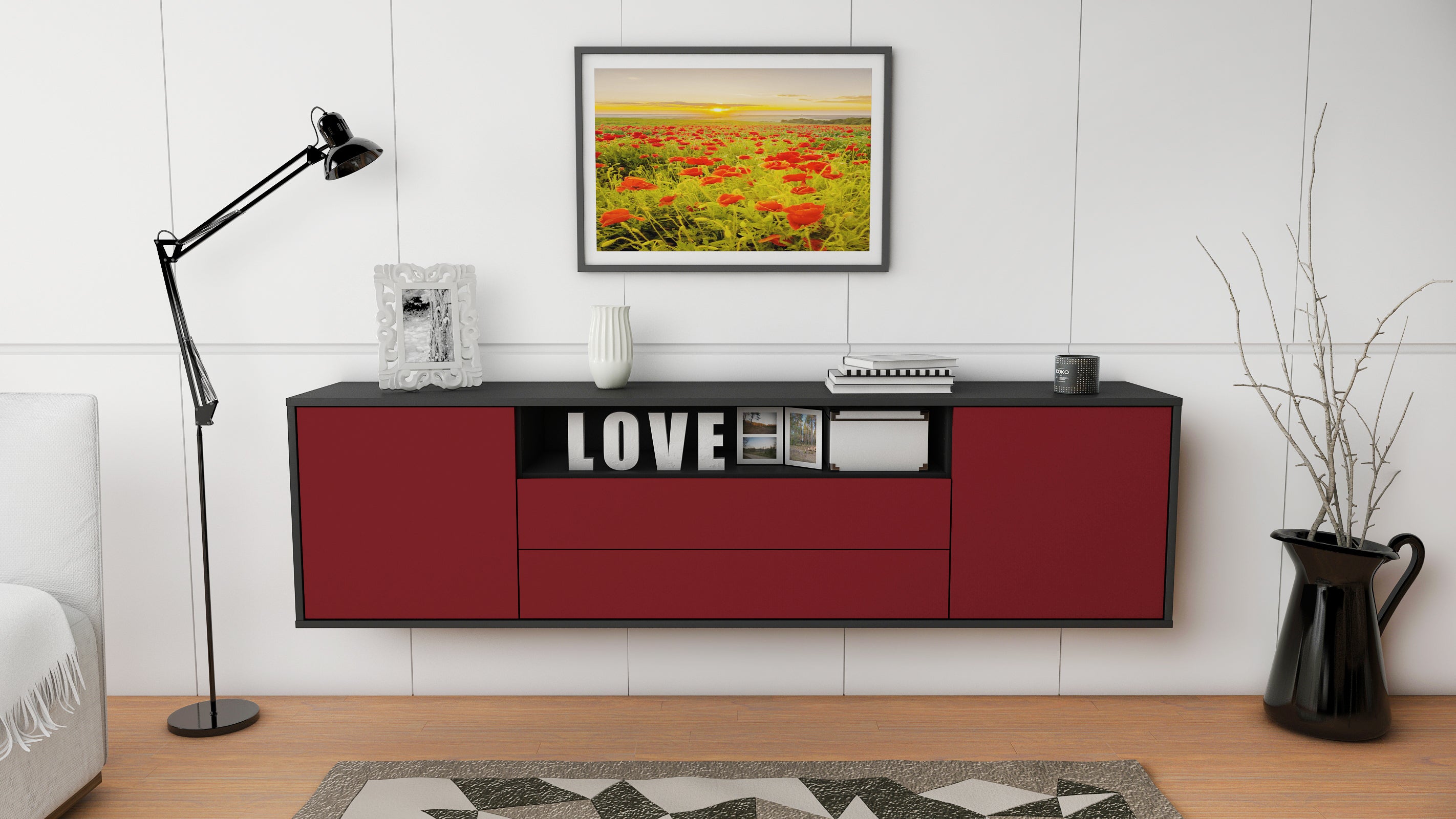 Lowboard - Armanda - Design Farbakzent - Wandmontage mit Push to Open 180 cm Anthrazit