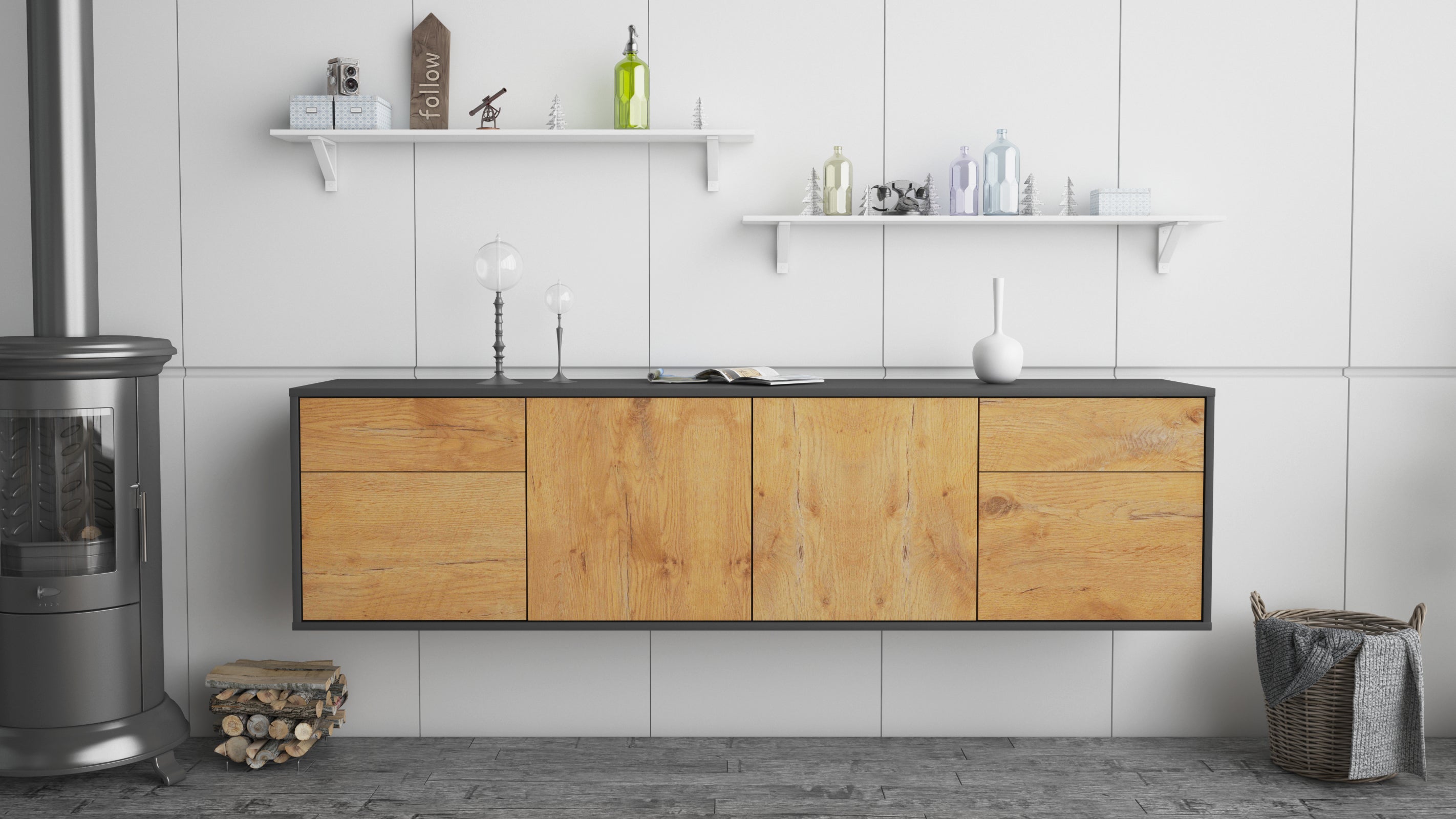 Lowboard - Benedetta - Design Holzdekor - Wandmontage mit Push to Open 180 cm Anthrazit