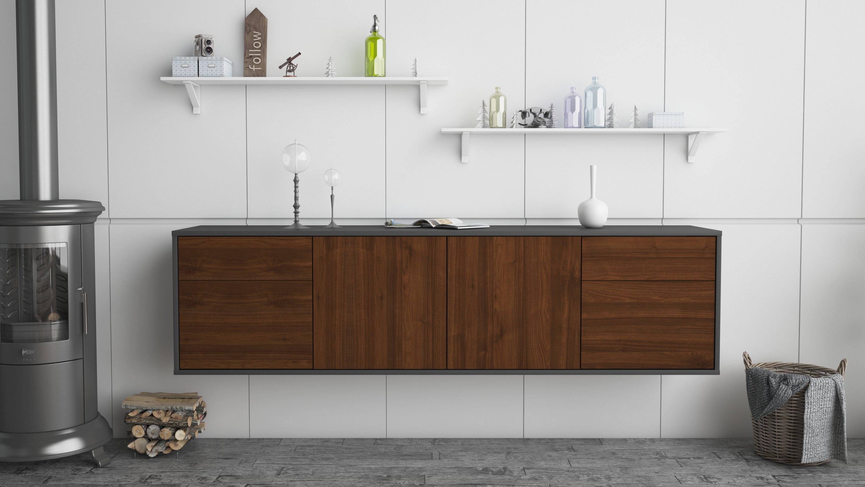 Lowboard - Benedetta - Design Holzdekor - Wandmontage mit Push to Open 180 cm Anthrazit
