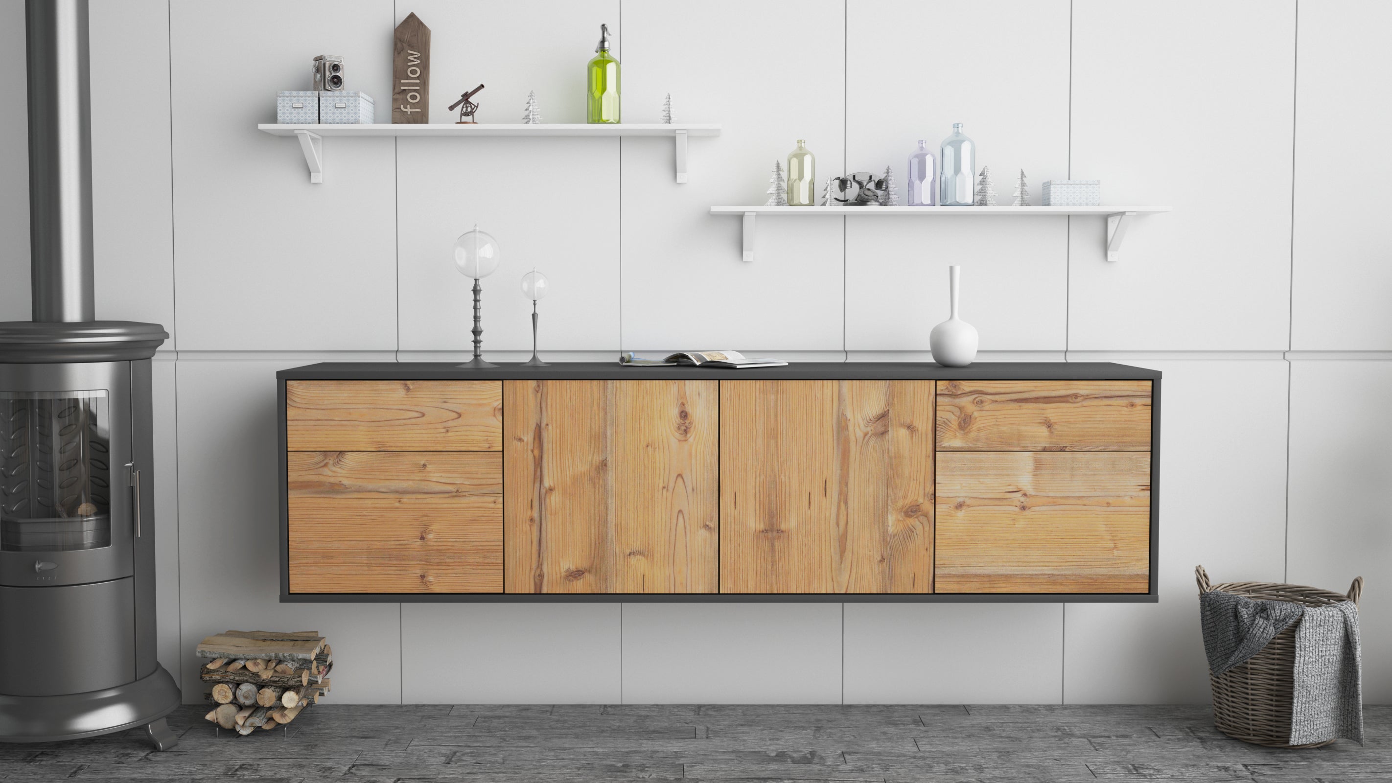 Lowboard - Benedetta - Design Holzdekor - Wandmontage mit Push to Open 180 cm Anthrazit