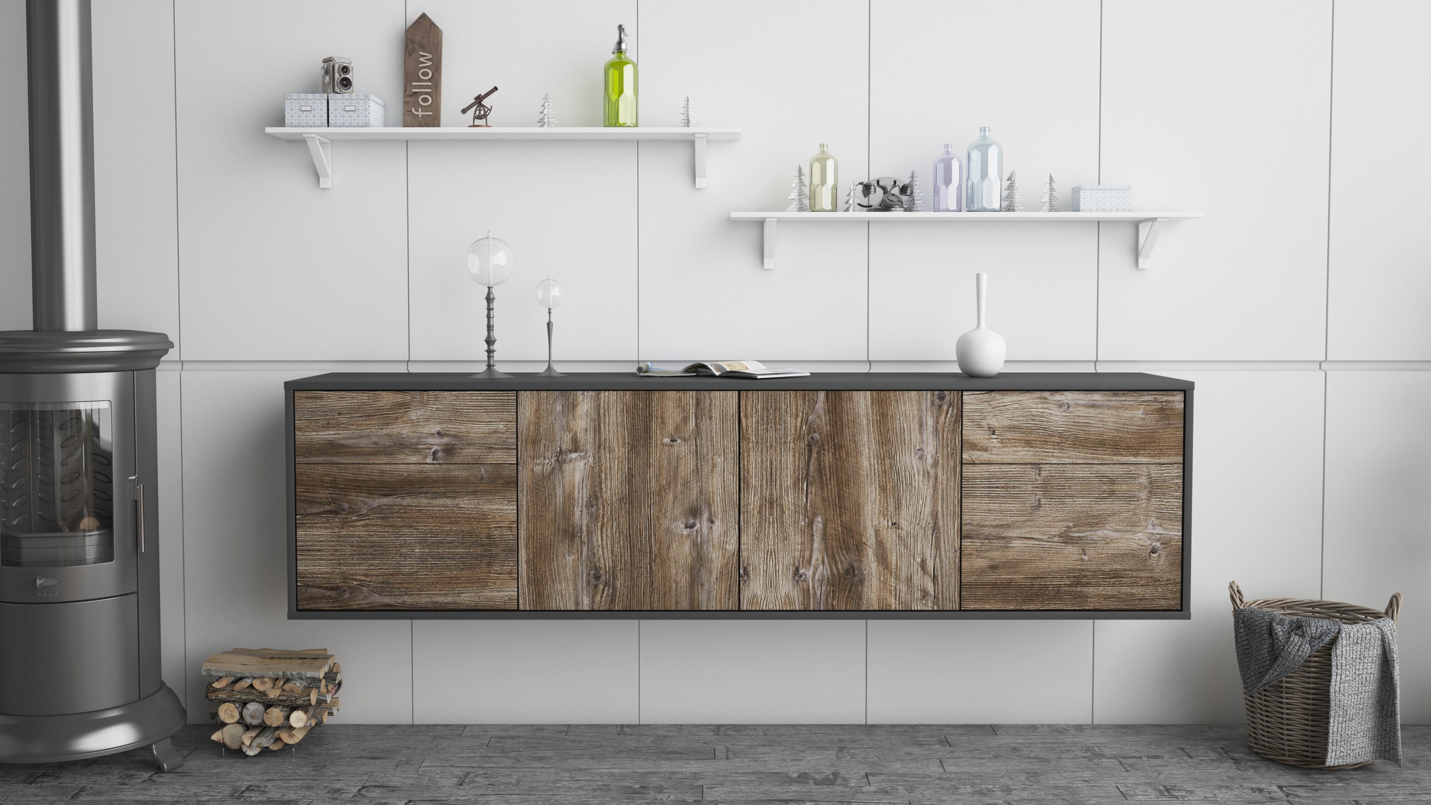 Lowboard - Benedetta - Design Holzdekor - Wandmontage mit Push to Open 180 cm Anthrazit