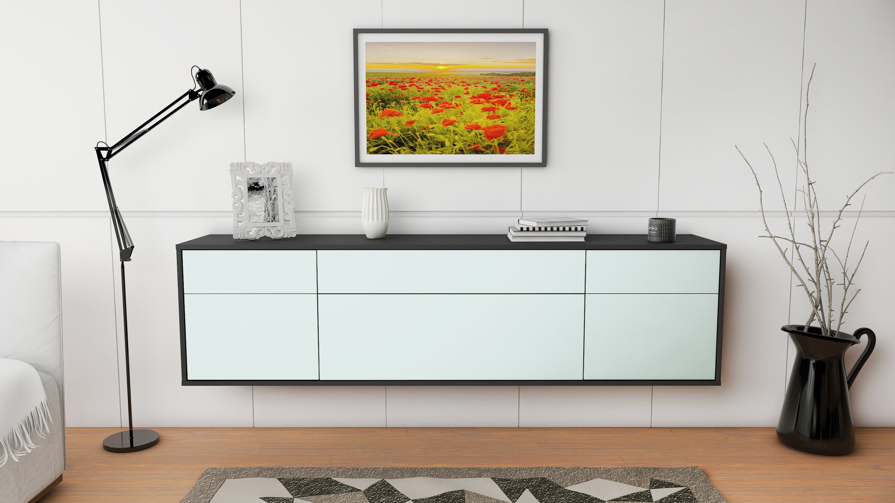 Lowboard - Beppa - Design Farbakzent - Wandmontage mit Push to Open 180 cm Anthrazit