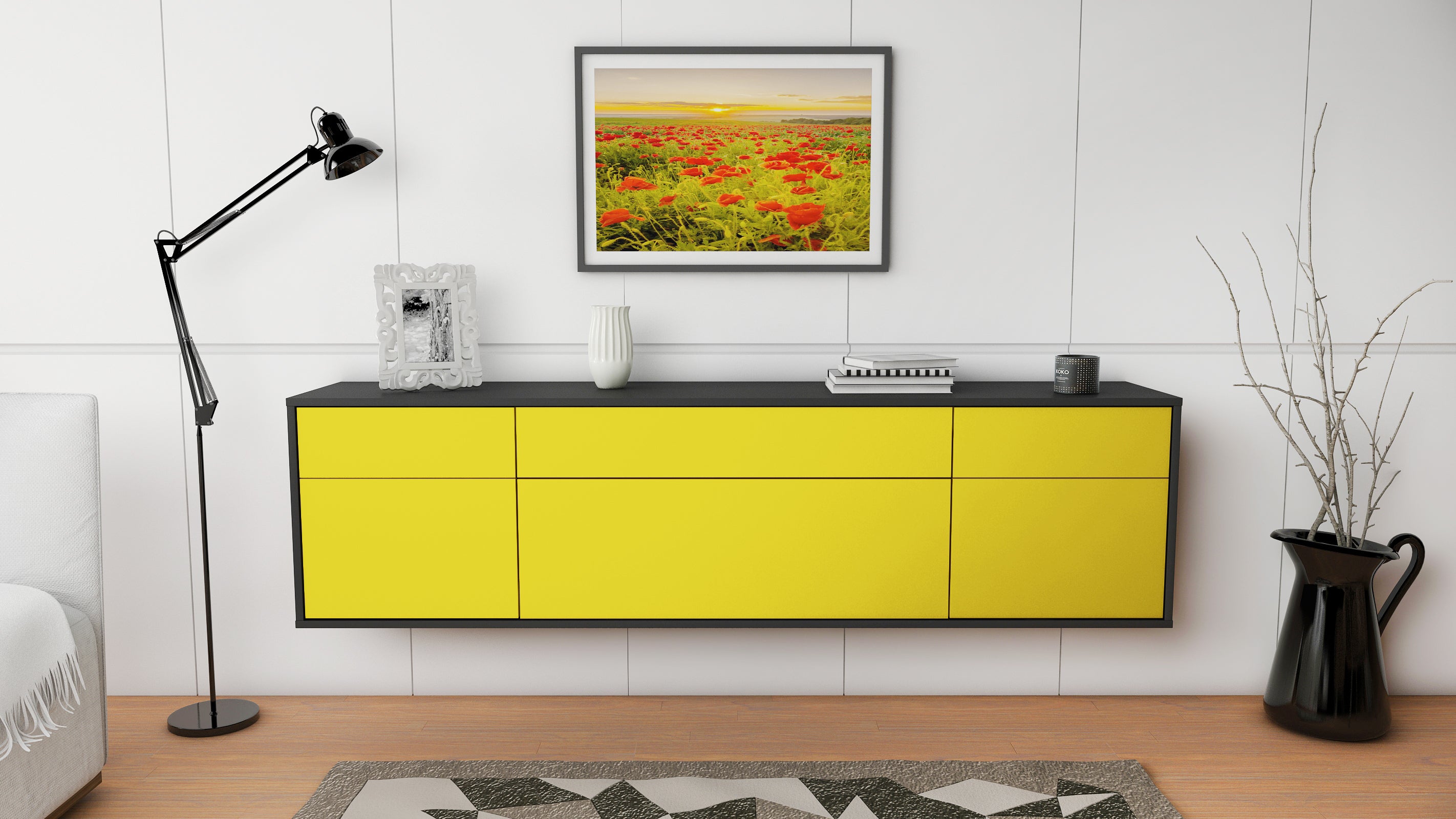 Lowboard - Beppa - Design Farbakzent - Wandmontage mit Push to Open 180 cm Anthrazit