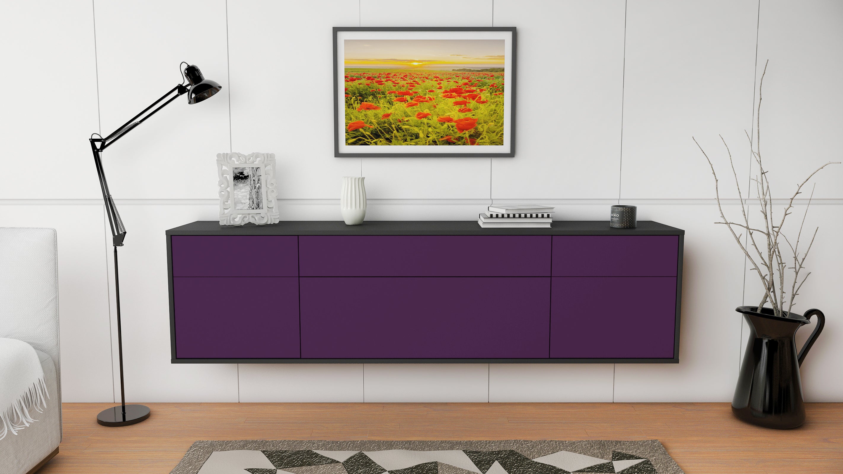 Lowboard - Beppa - Design Farbakzent - Wandmontage mit Push to Open 180 cm Anthrazit